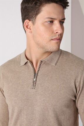 Ferraro Bej Polo Yaka Fermuarlı %100 Pamuk Erkek Kazak
