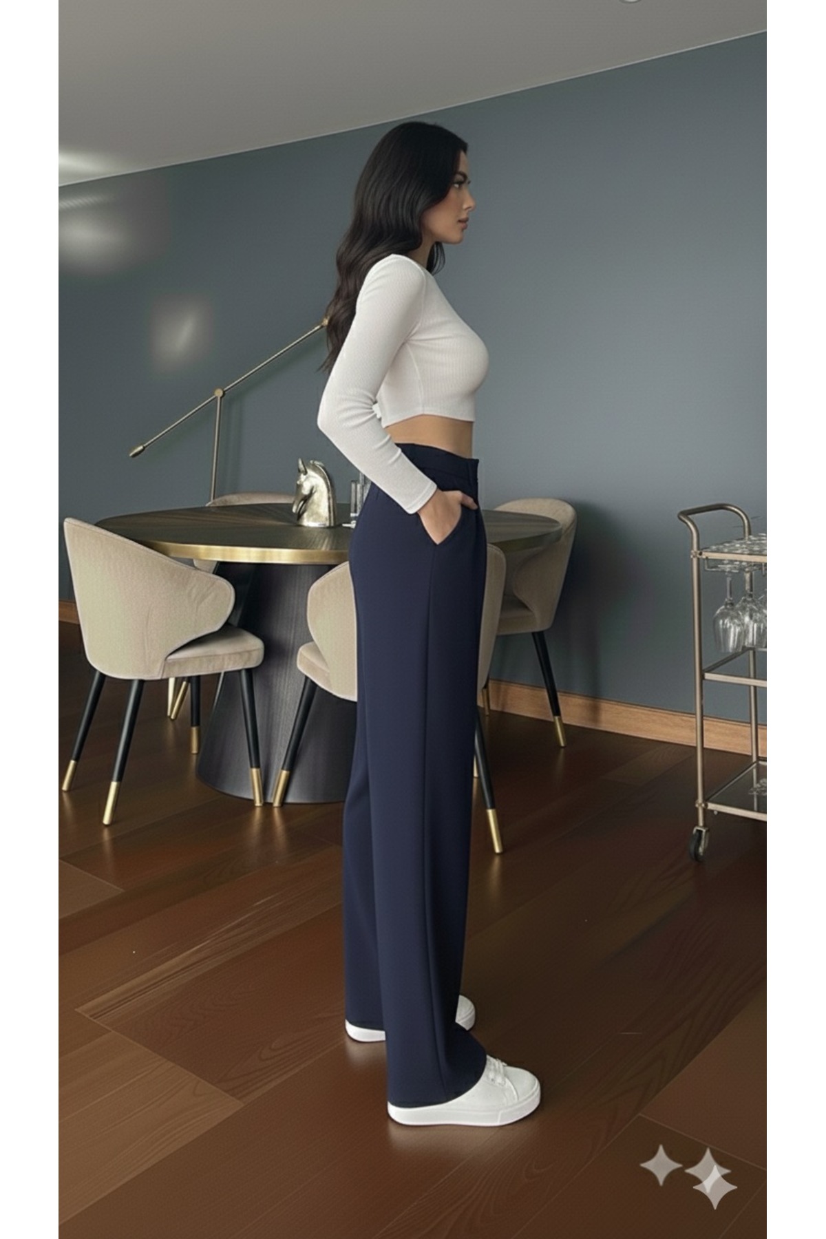 Genel Markalar  Kadın Lacivert Yüksek Bel Palazzo Pantolon Pileli Düğme Detaylı Bol Kesim Likralı Kumaş Pantolon - Görsel 2