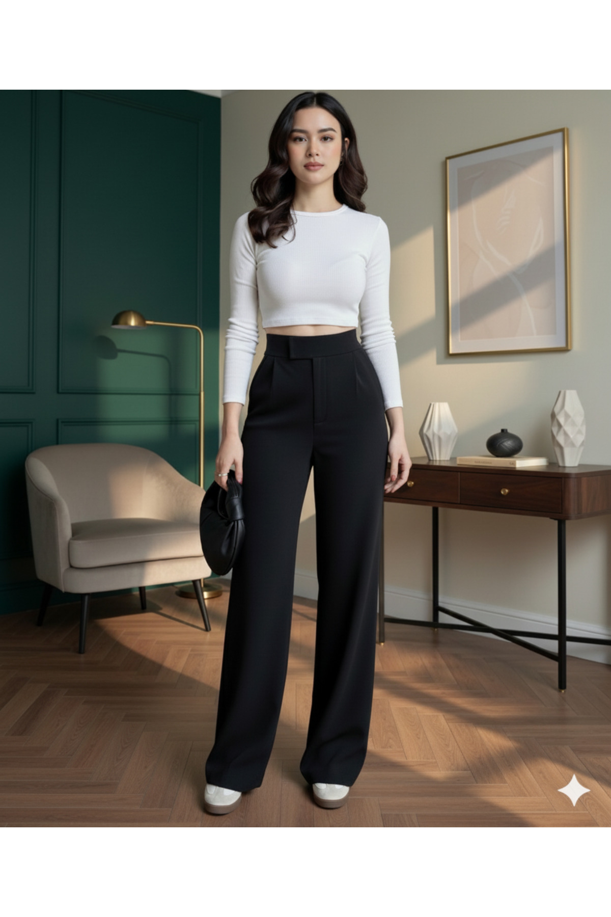 Marina Trend Black High Waist Palazzo Pants with Velcro Detail, Front Pleated...