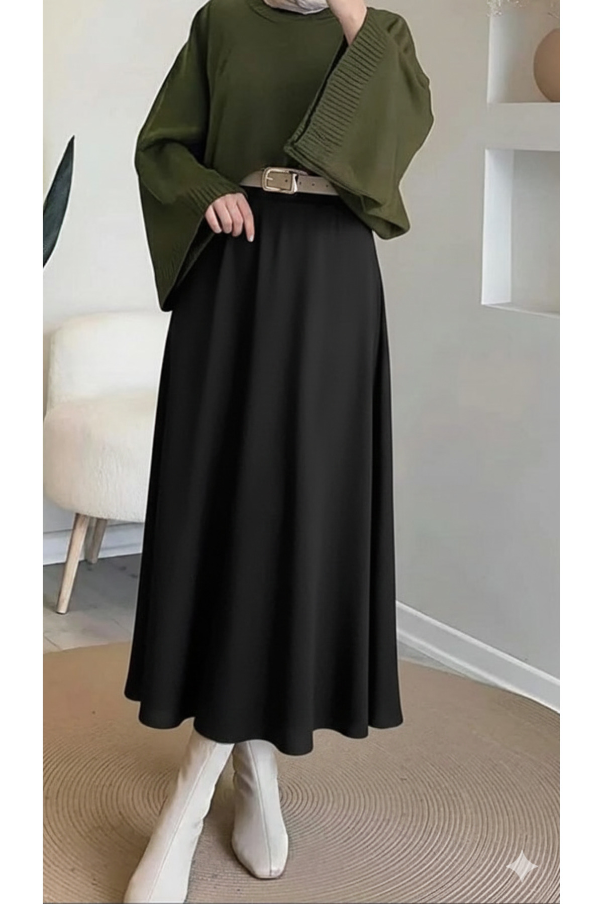 Asgard Tesettür  Kadın Puf Scuba Tesettür Siyah Kloş Etek