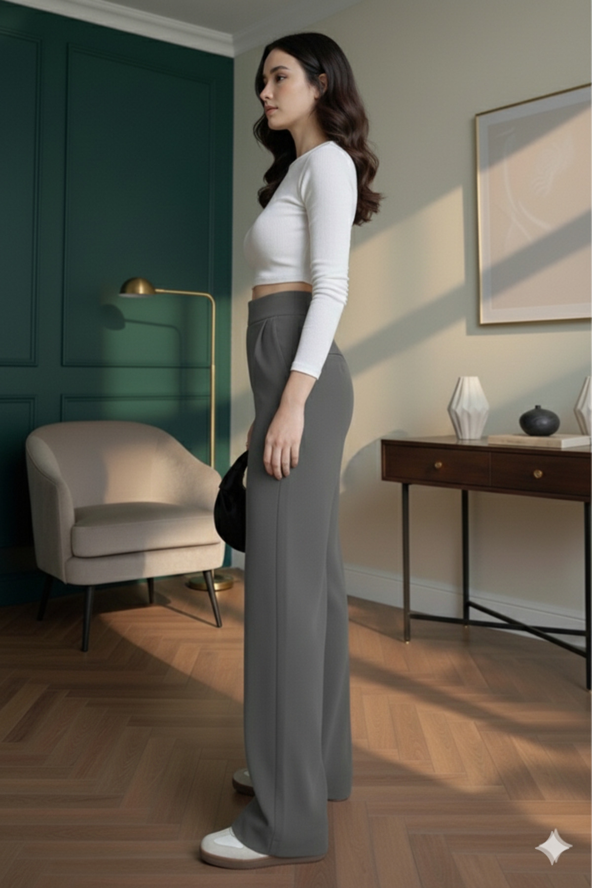 بنطلون عالي الخصر بنطلون واسع الأرجل بتفاصيل فيلكر...