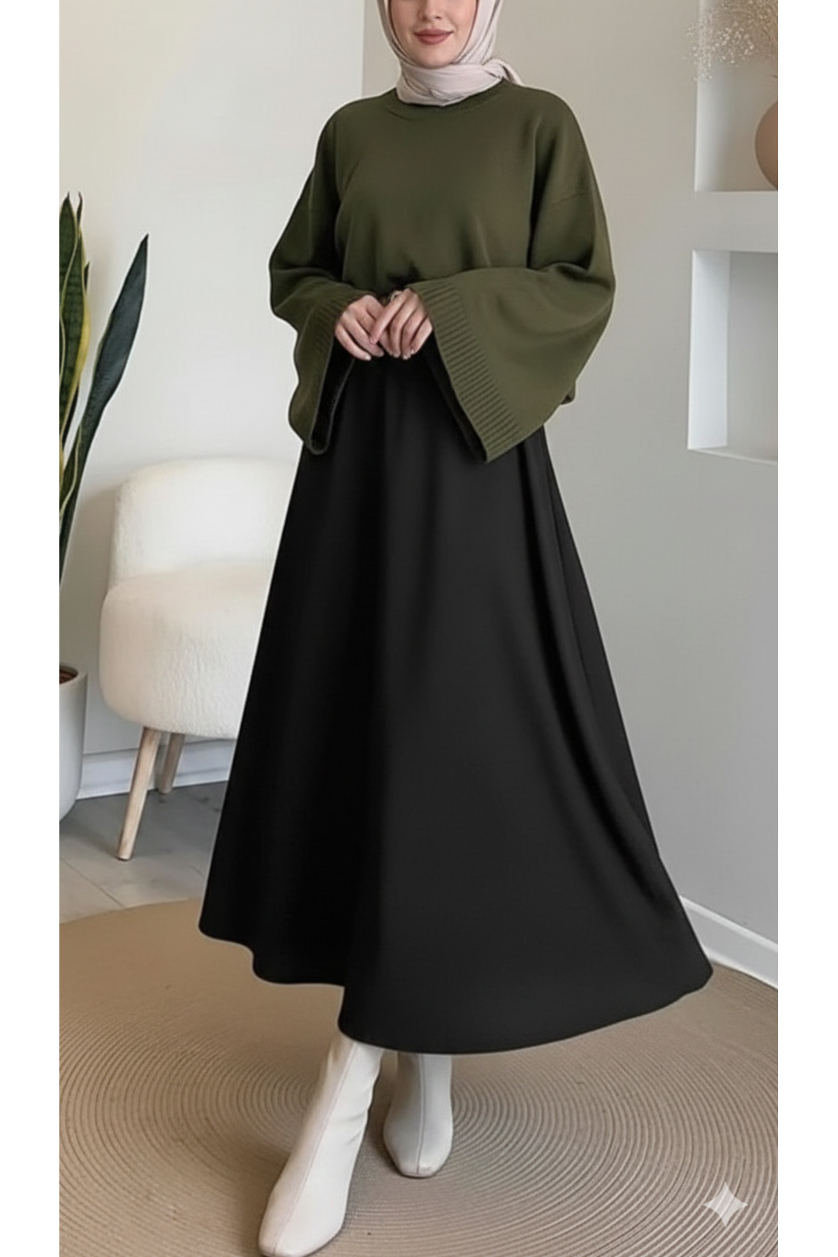 Asgard Tesettür  Kadın Puf Scuba Tesettür Siyah Kloş Etek - Görsel 2