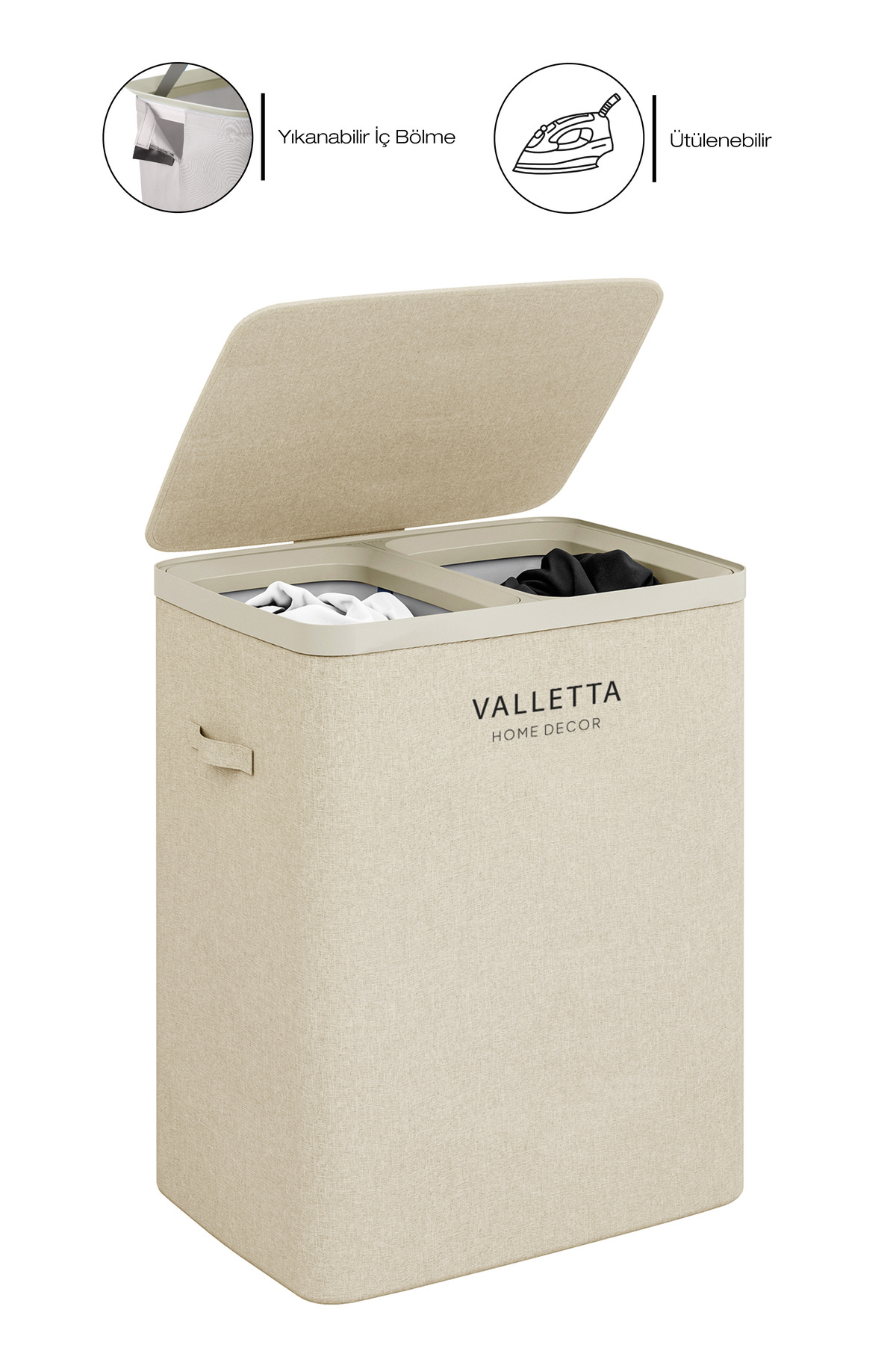 valletta Paloma 100l Çift Yıkanabilir Bölmeli Katlanabilir Kumaş Kirli Çamaşır Sepeti Cappuccino Beige
