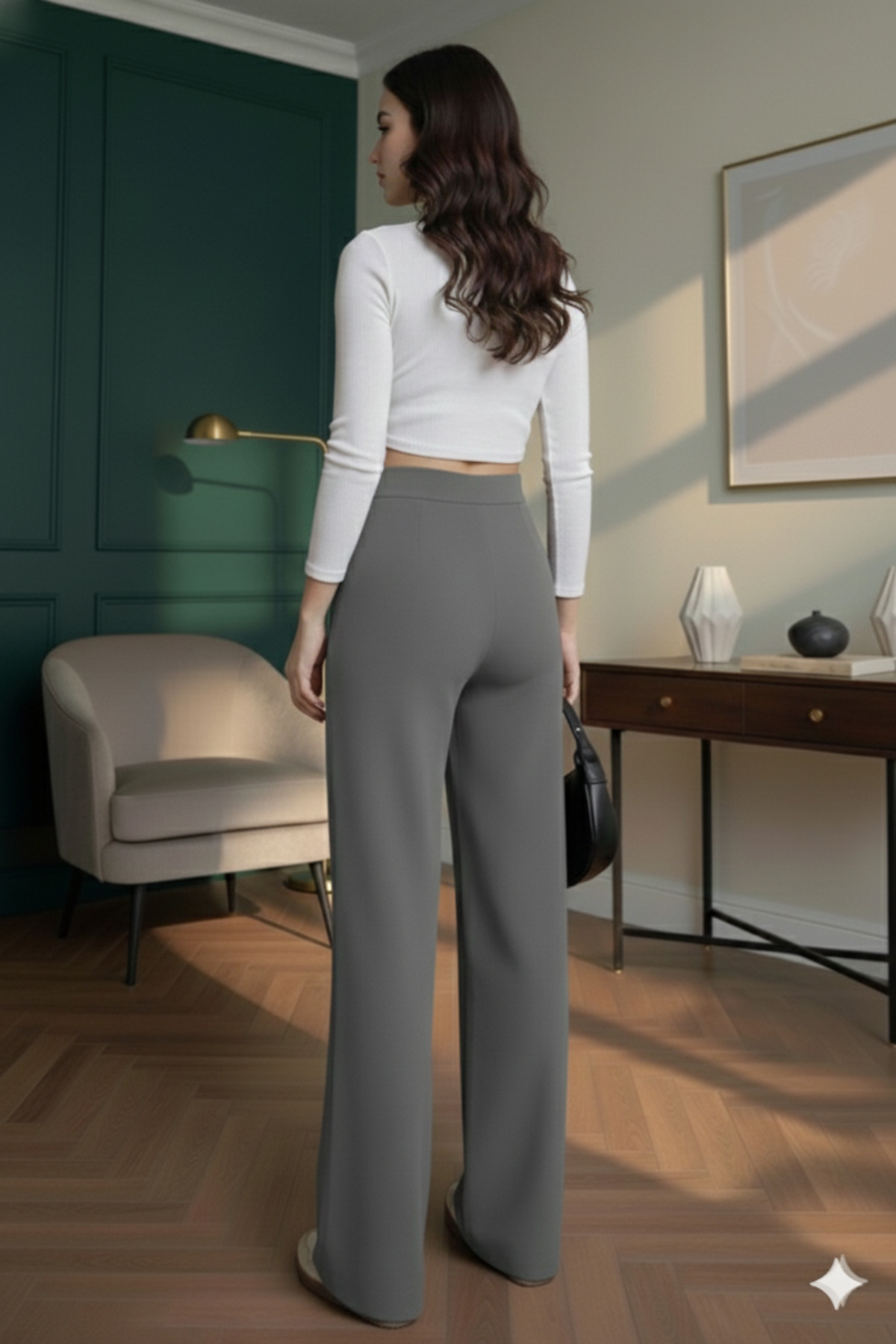 بنطلون عالي الخصر بنطلون واسع الأرجل بتفاصيل فيلكر...