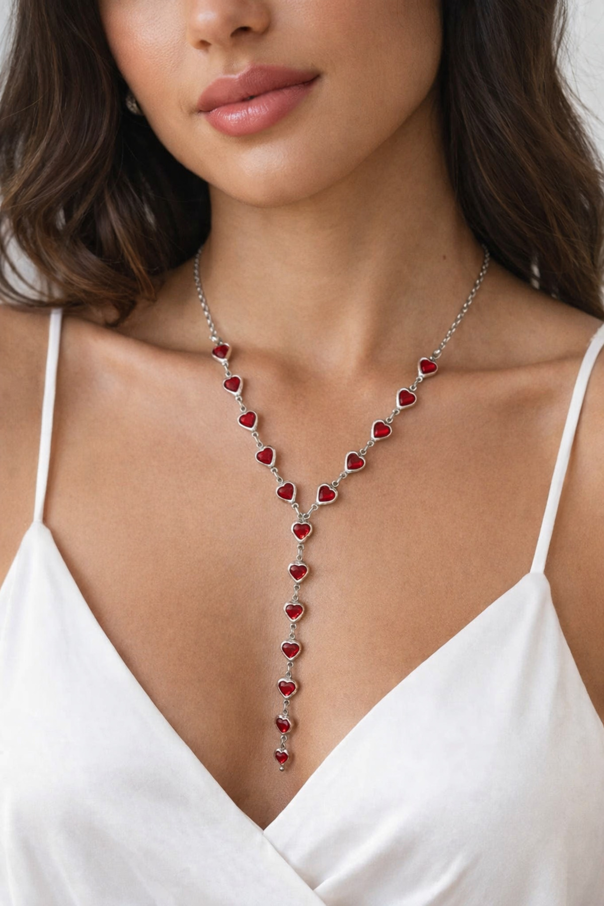 Silver Color Custom Design Y Model Necklace with Women's Heart Zircon Gemstone