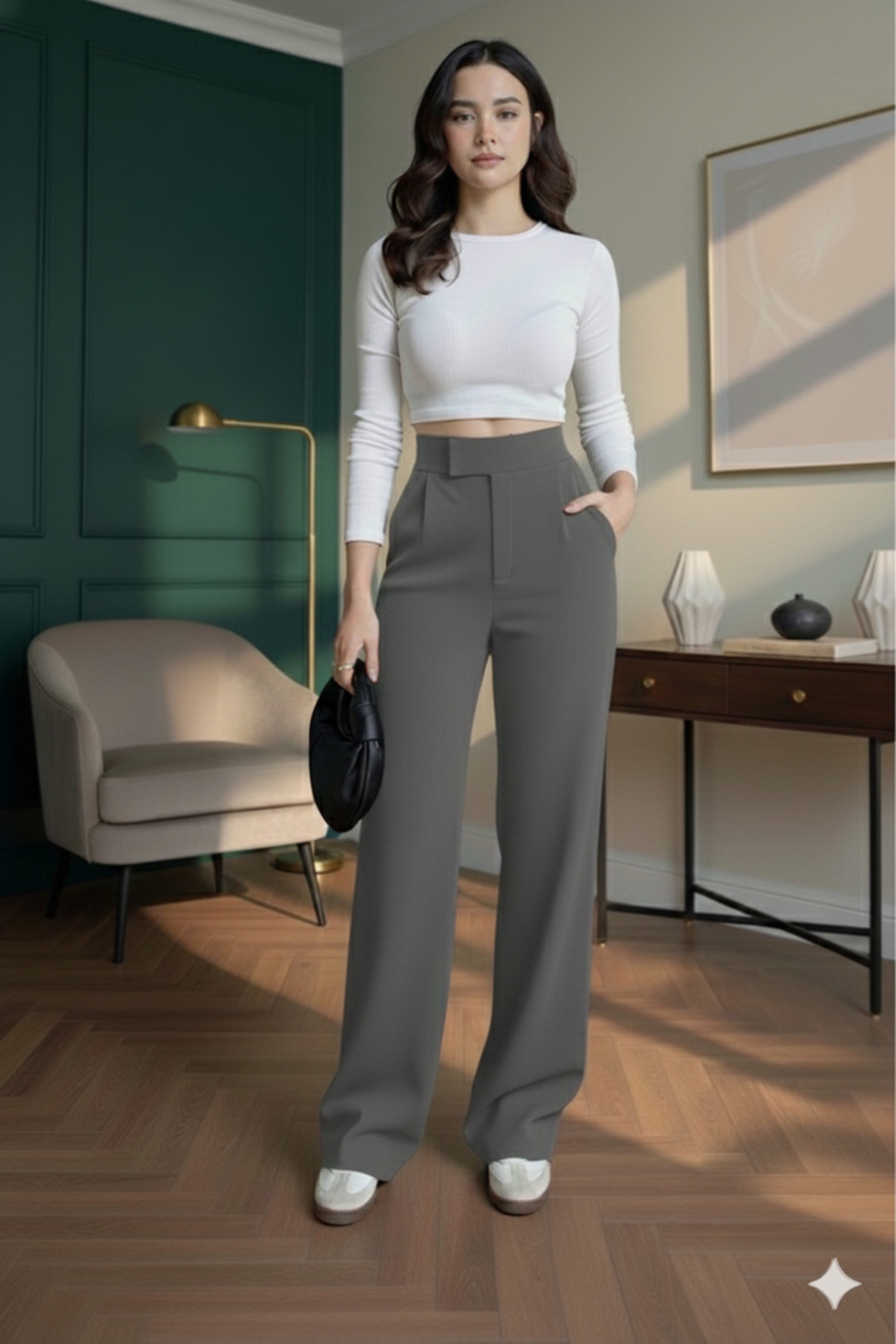 بنطلون عالي الخصر بنطلون واسع الأرجل بتفاصيل فيلكر...