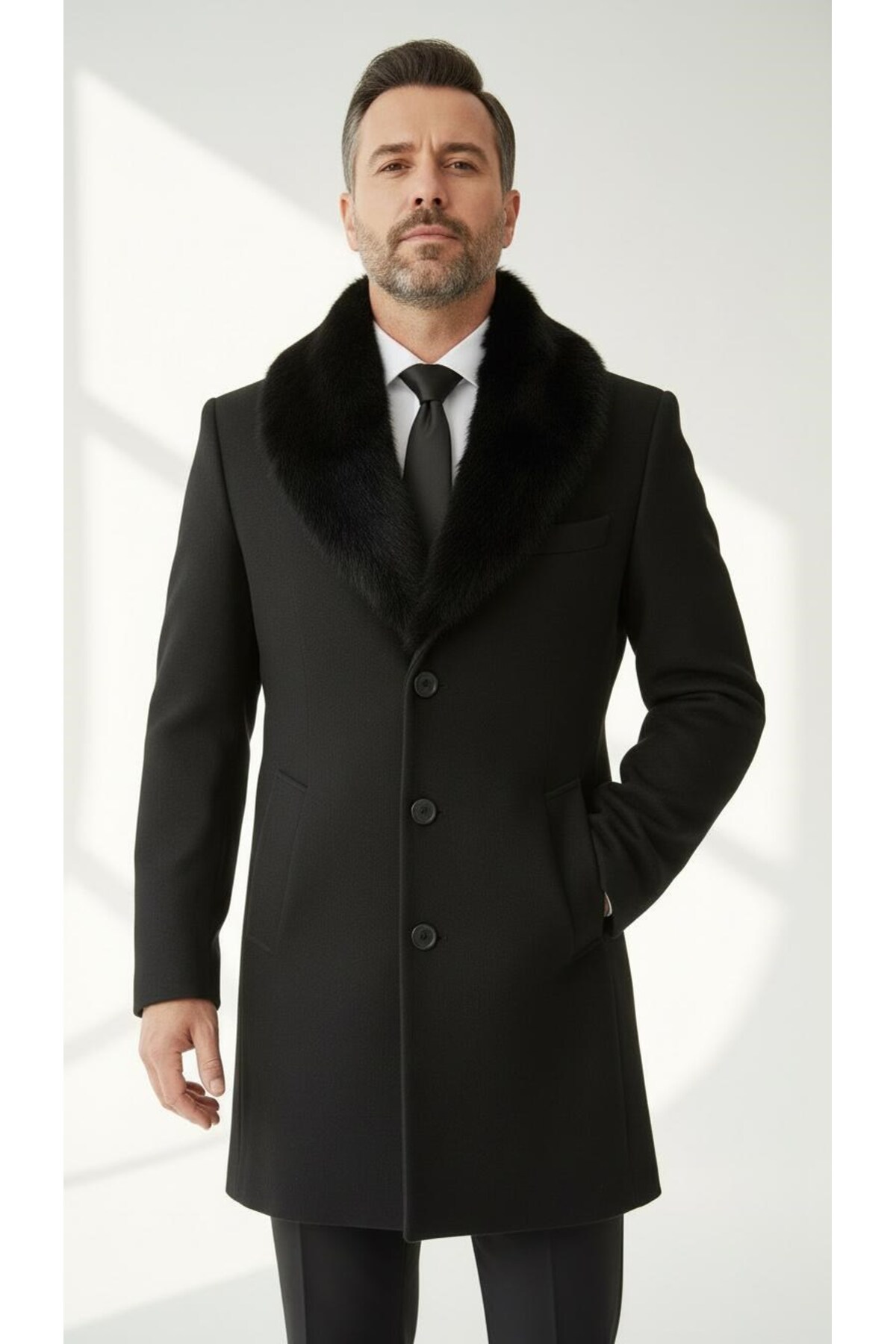 Plus Scorpion  Erkek Uzun Kaşe Kaban – Çıkartılabilir Kürk Yaka, Astarlı ve Cepli Slim Fit Mont (Bej, - Görsel 3