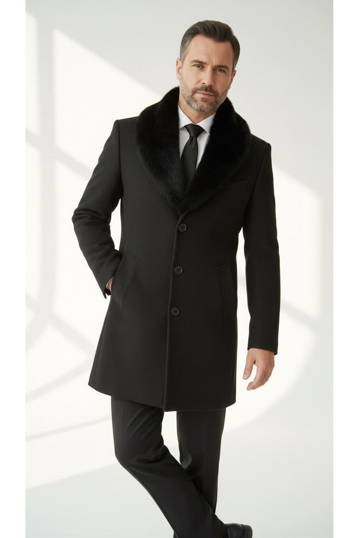 Plus Scorpion  Erkek Uzun Kaşe Kaban – Çıkartılabilir Kürk Yaka, Astarlı ve Cepli Slim Fit Mont (Bej, - Görsel 5