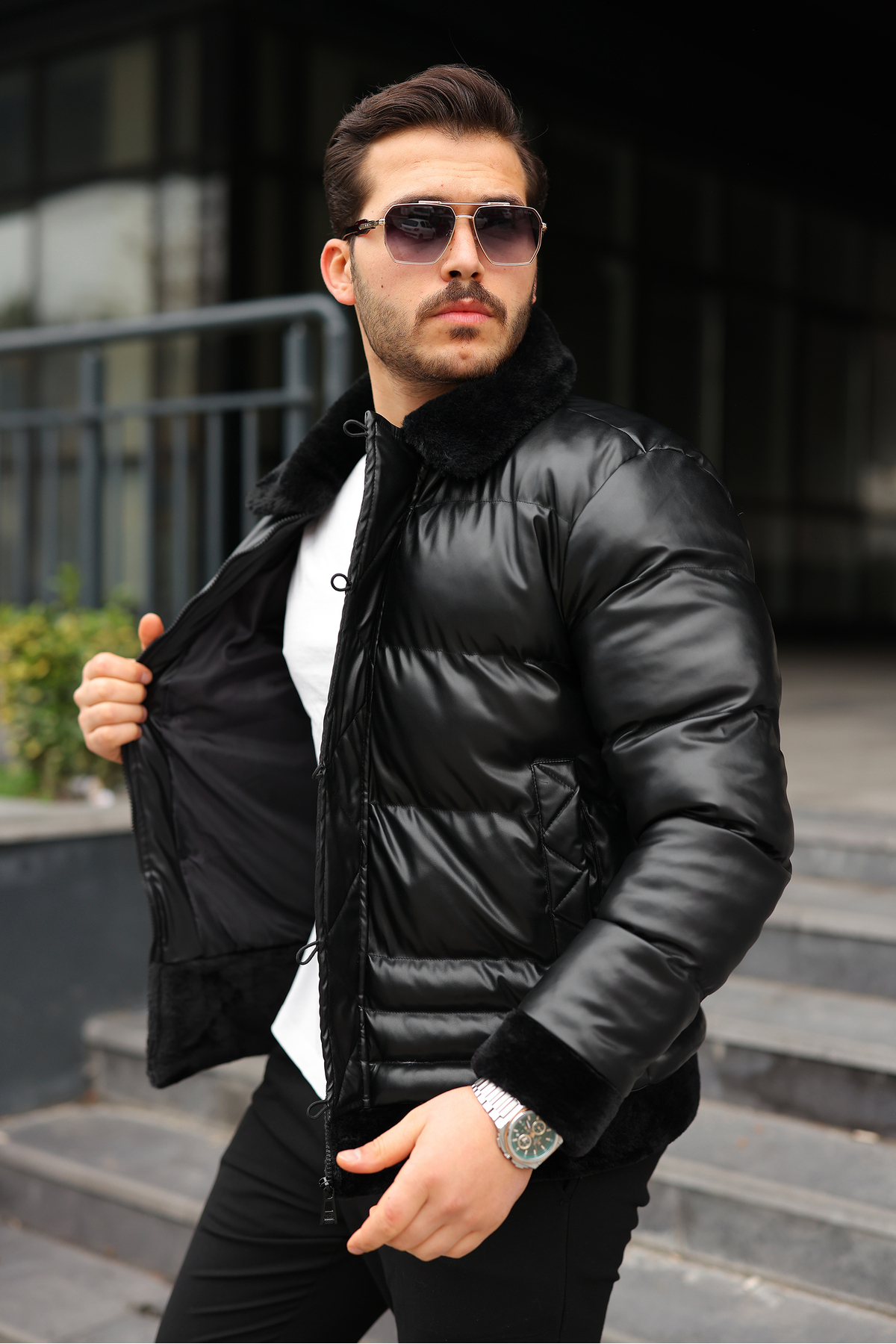 BASEL.CO  Exclusive Düğme Detaylı Tasarım Deri Şişme Mont - Görsel 2