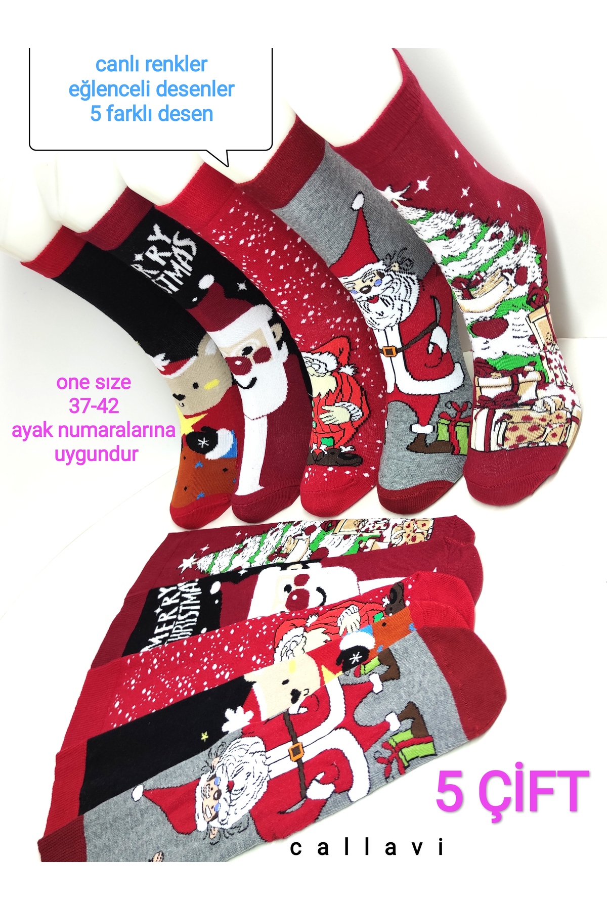 CALLAVI Yılbaşı Çorabı Pamuk/Penye Soket Çorap Unisex 6 Çift