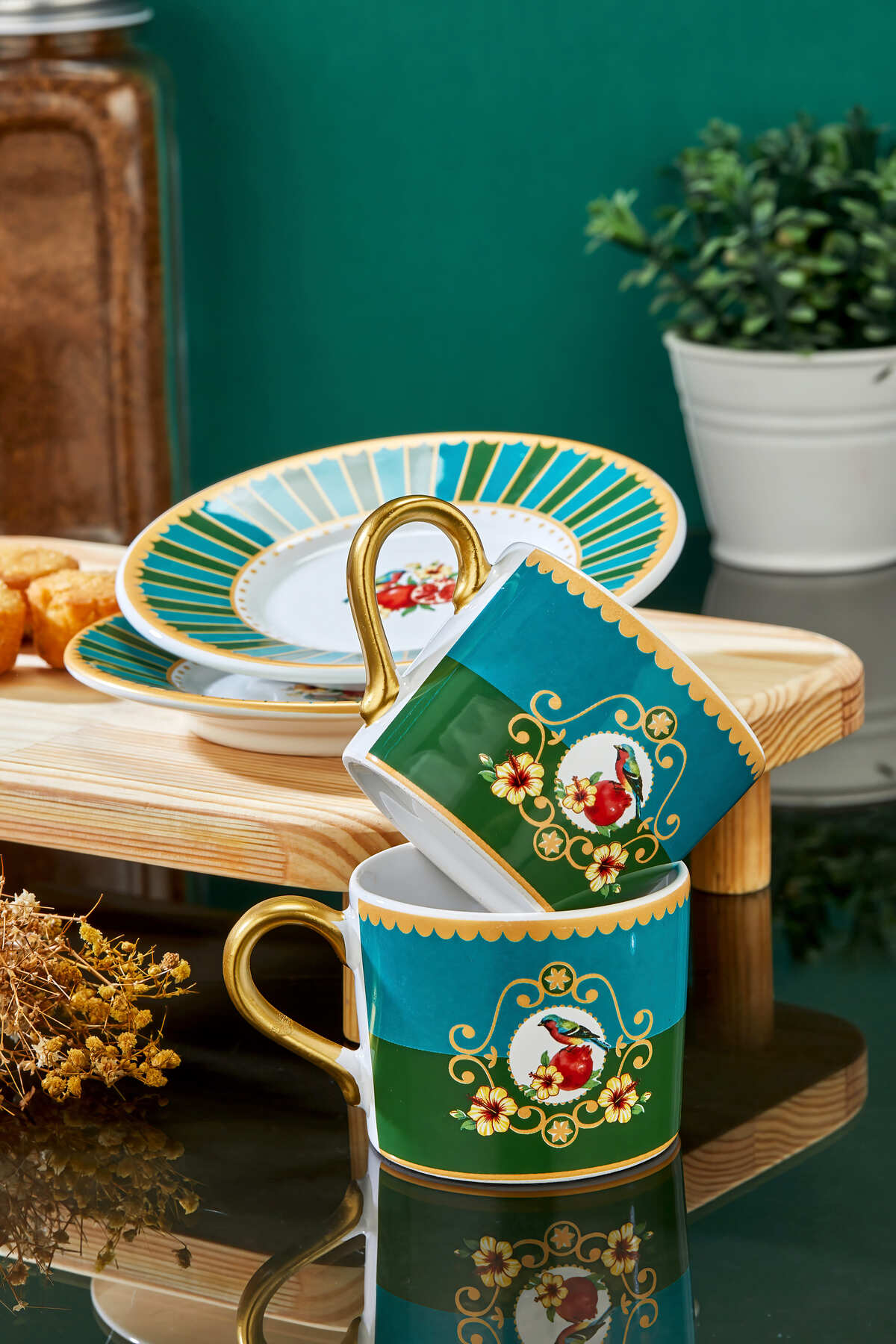 Carmen Soft 2 Kişilik Piano Green Bird Double Kahve Fincan Takımı