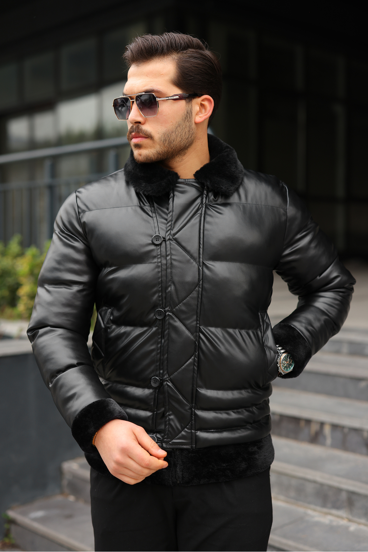 BASEL.CO  Exclusive Düğme Detaylı Tasarım Deri Şişme Mont - Görsel 3