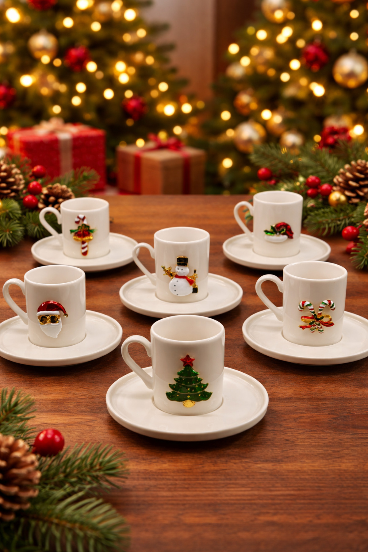 YzHome 6 Kişilik Porselen Yılbaşı Metal Figürlü Kahve Fincan Takımı Seti Yeni Yıl Hediyesi 90ml
