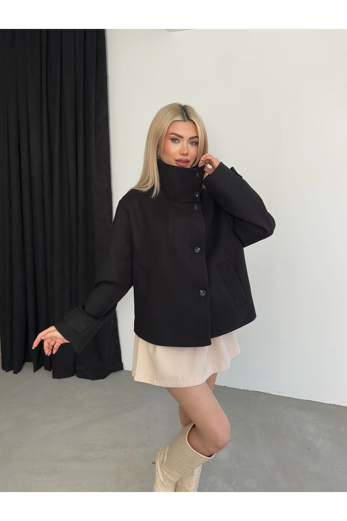 ParlaMira  Kadın Dik Yaka Pamuksu Dokulu Premium Kaşe Kaban - Görsel 3