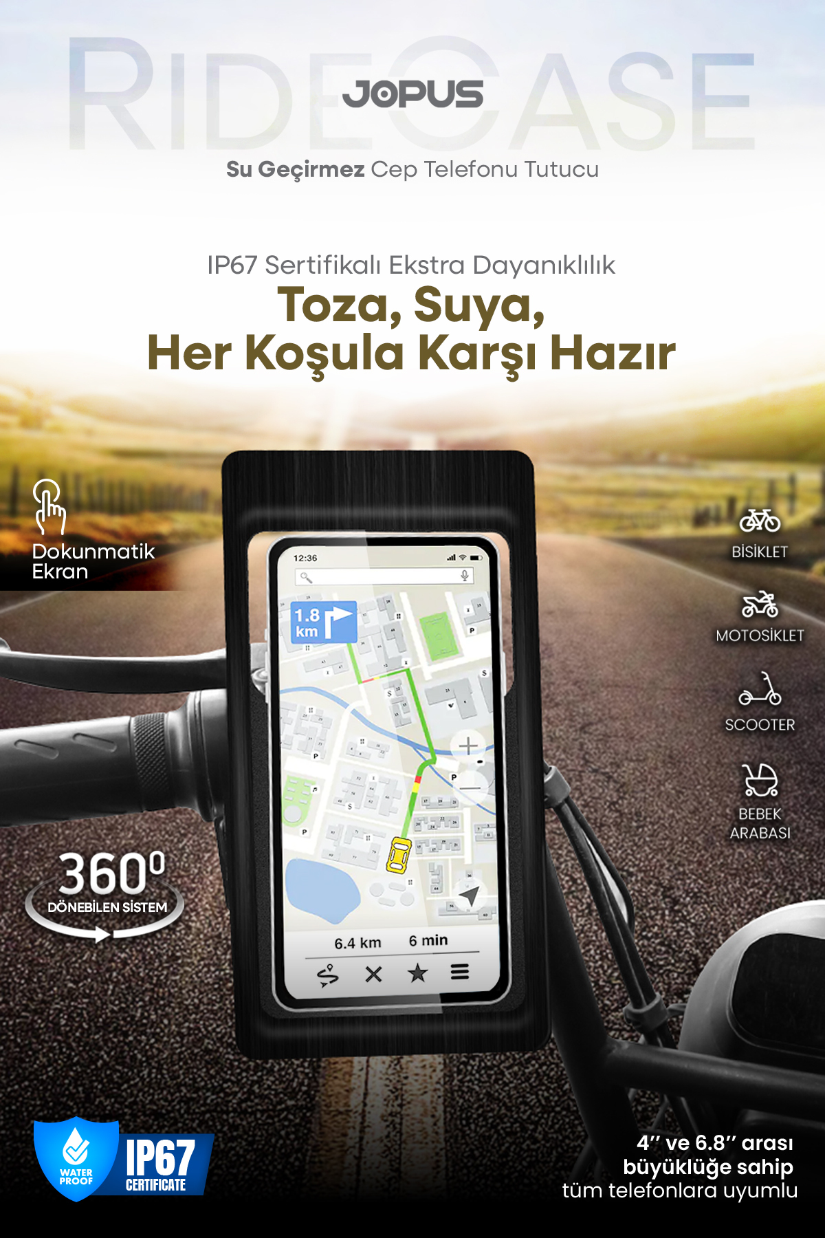 Jopus Su Geçirmez Kılıf Telefon Tutucu Motosiklet, Bisiklet, Scooter, ATV Uyumlu Gidon Bağlantılı JO-AT112