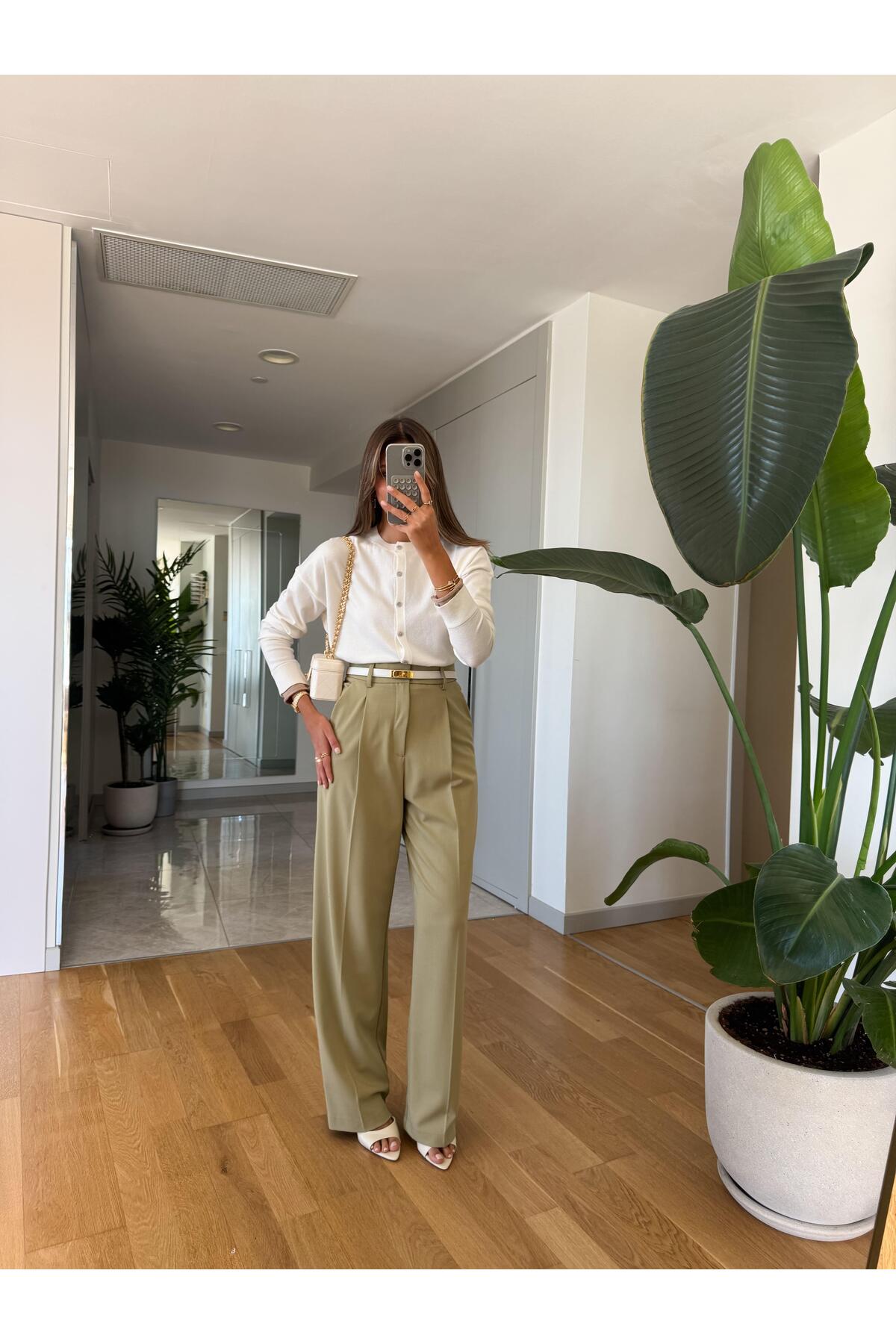 MERVE AKSOY  Yüksek Bel Dökümlü Pantolon - Çağla Yeşili