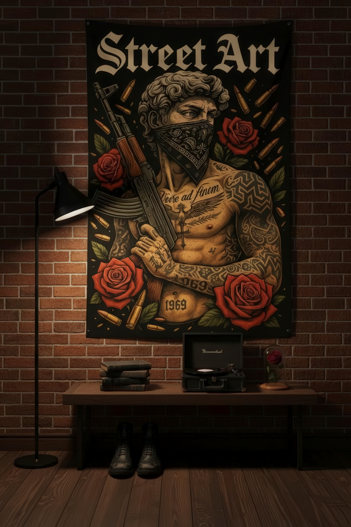 Kalashnikov Tattooed Gangster and Roses Fabric Wallcovering Home Decoration Tapestry
