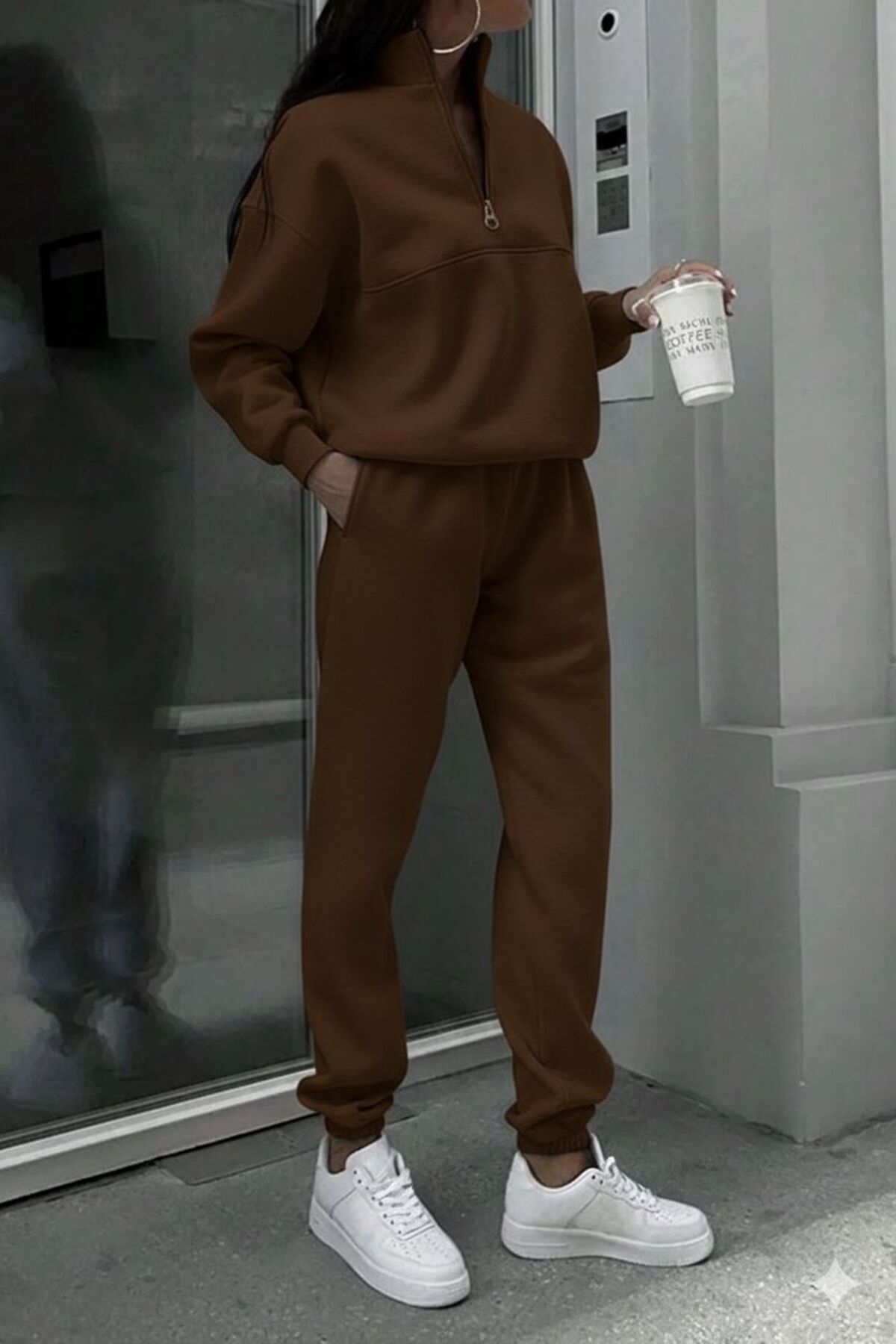 moda paketi Γυναικείο Σετ Φούτερ με μισό φερμουάρ 3 νήματα Ş επένδυση fleece – D ψηλός λαιμός Φούτερ & Παντελόνι Jogger