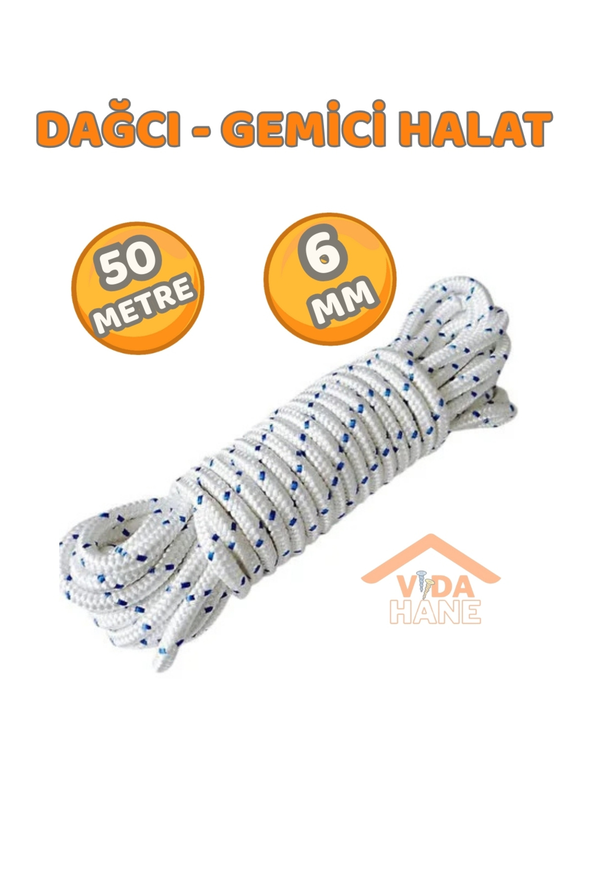 MADE VİDA HANE 6 MM 50 METRE İSKOTA HALAT GEMİCİ - KAMPÇI - DAĞCI HALAT