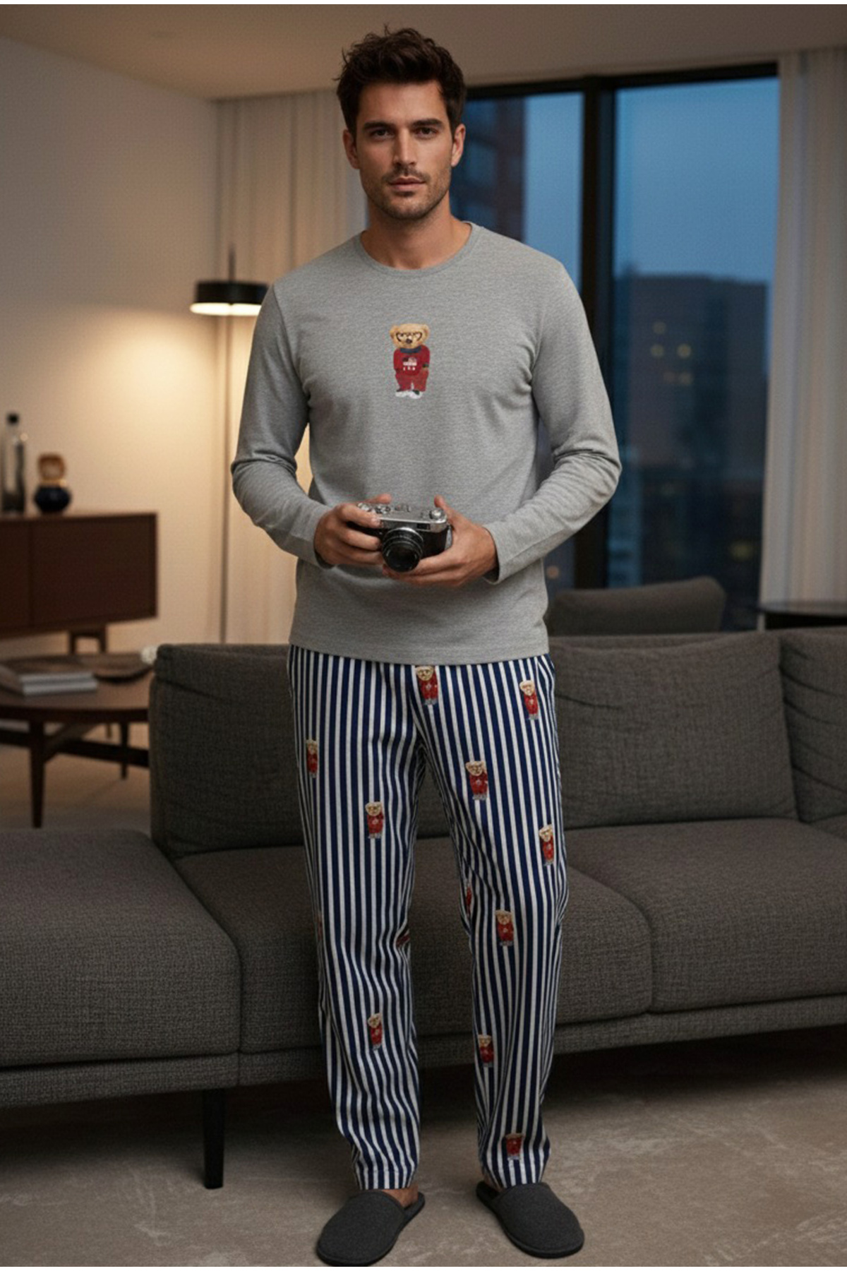 Siyah İnci  gri melanj Ayıcık Baskılı Çizgi Desenli Uzun Kollu Örme Erkek Pijama Takım 7959 - Görsel 2