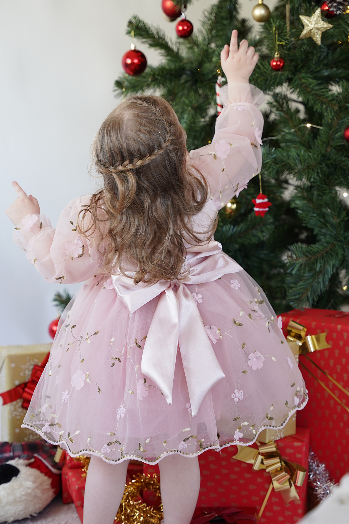 ALYRA Kız Bebek Elbise Uzun Kollu 3D Çiçekli Vintage Fiyonklu Doğum Günü Parti Düğün Özel Gün Çocuk Elbise fotoğrafı 3 (önizleme)