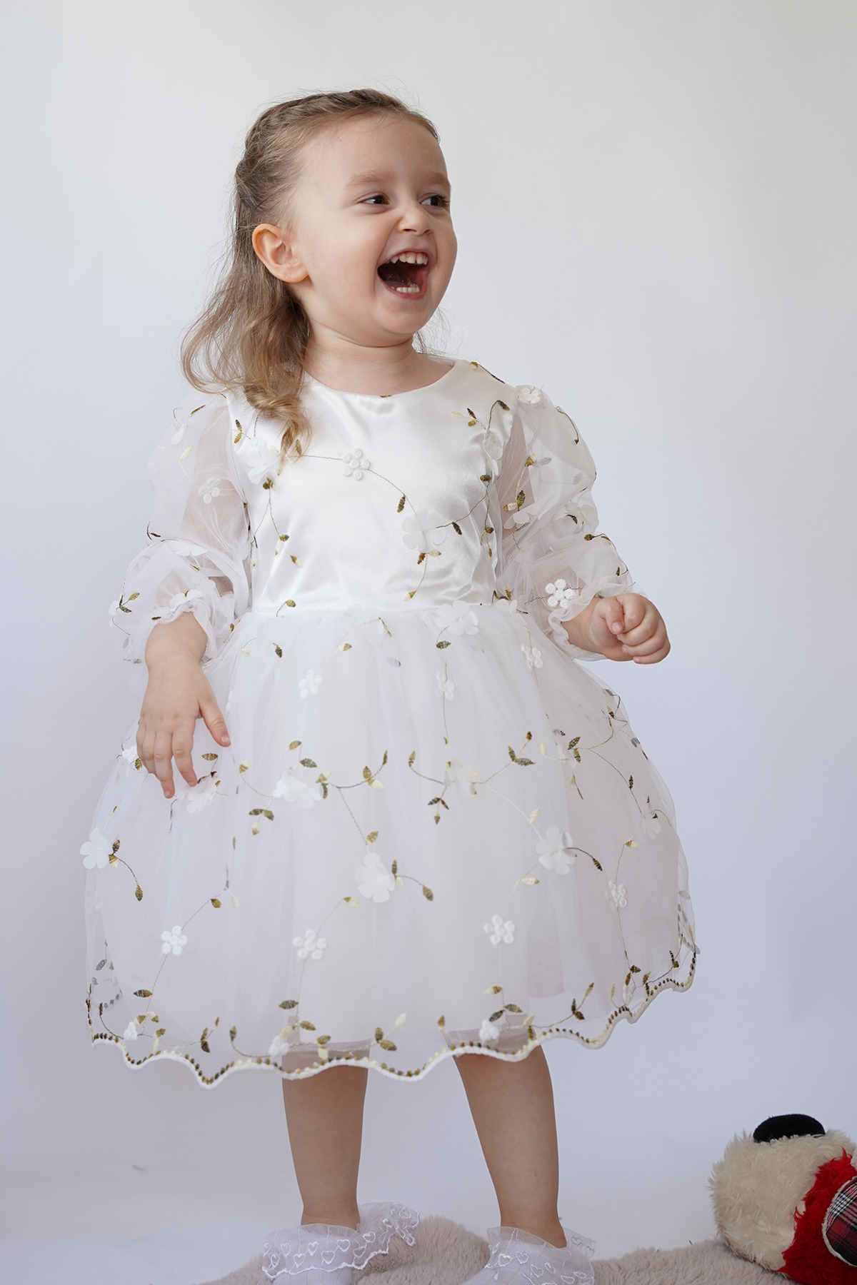 ALYRA Kız Bebek Elbise Uzun Kollu 3D Çiçekli Vintage Fiyonklu Doğum Günü Parti Düğün Özel Gün Çocuk Elbise fotoğrafı 4 (önizleme)