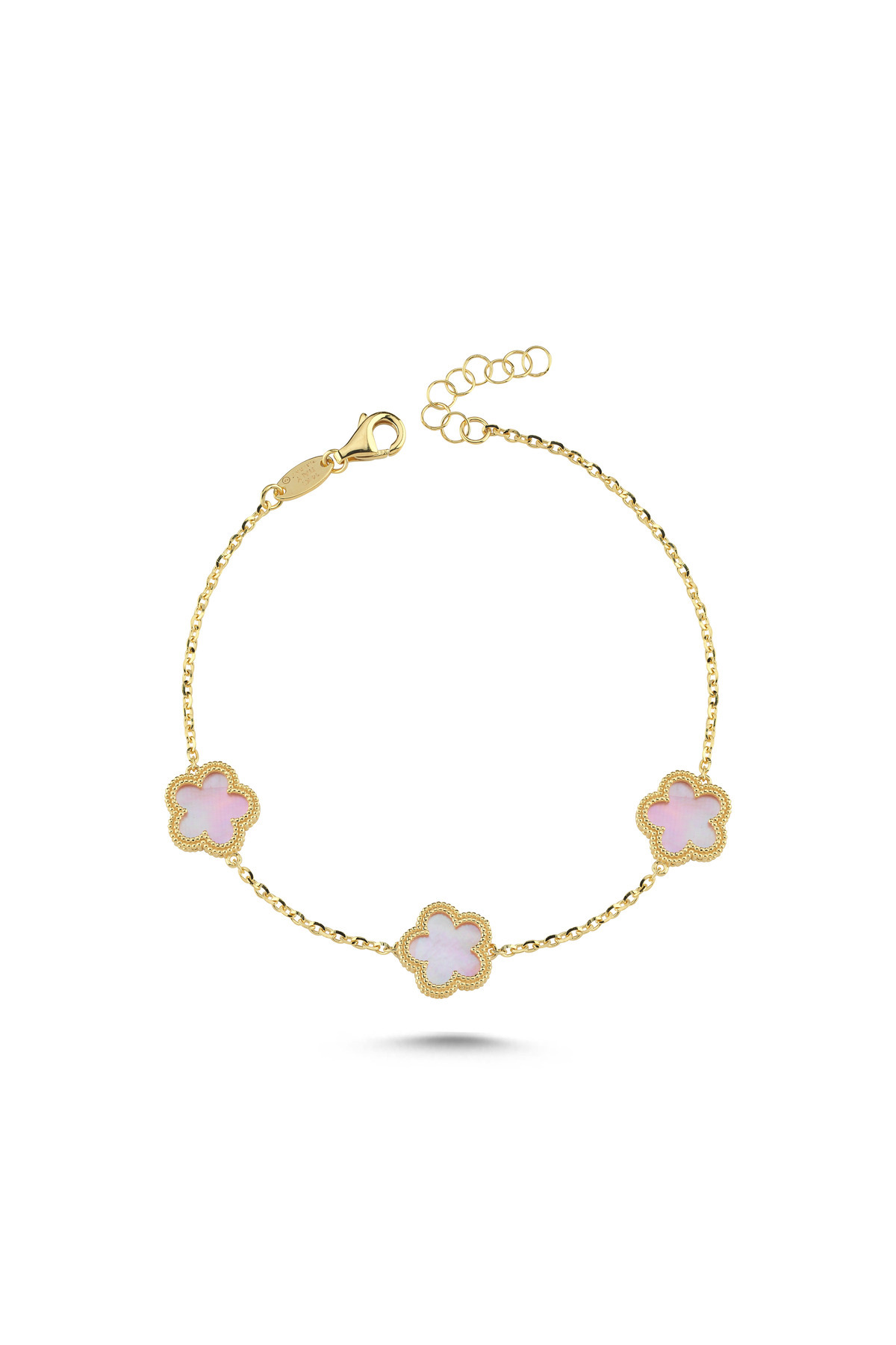 PIRLANT Çift Taraflı Pembe Beyaz Sedefli 3 Çiçek Altın Bileklik