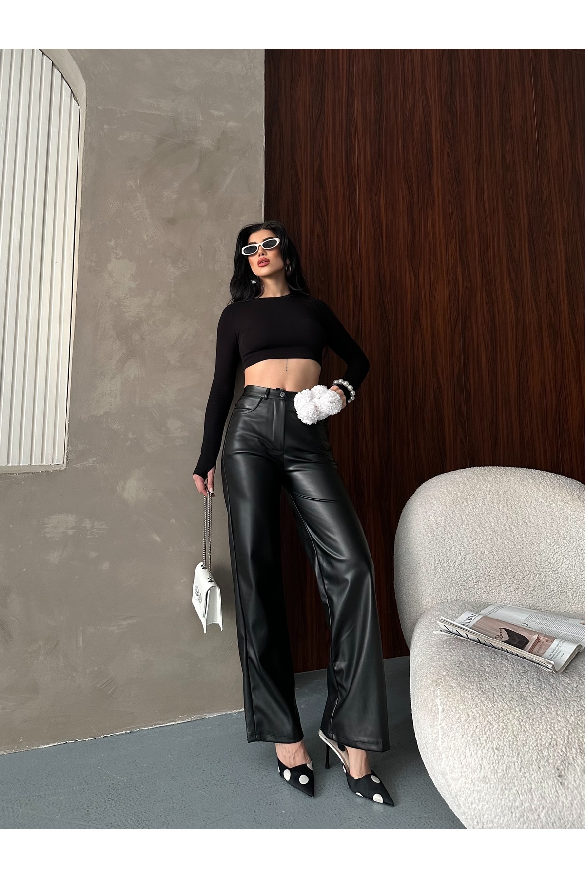 AREF JEANS Kadın Siyah Deri Pantolon Kadın Deri Pantolon Parlak Siyah Şık Pantolon görsel 5