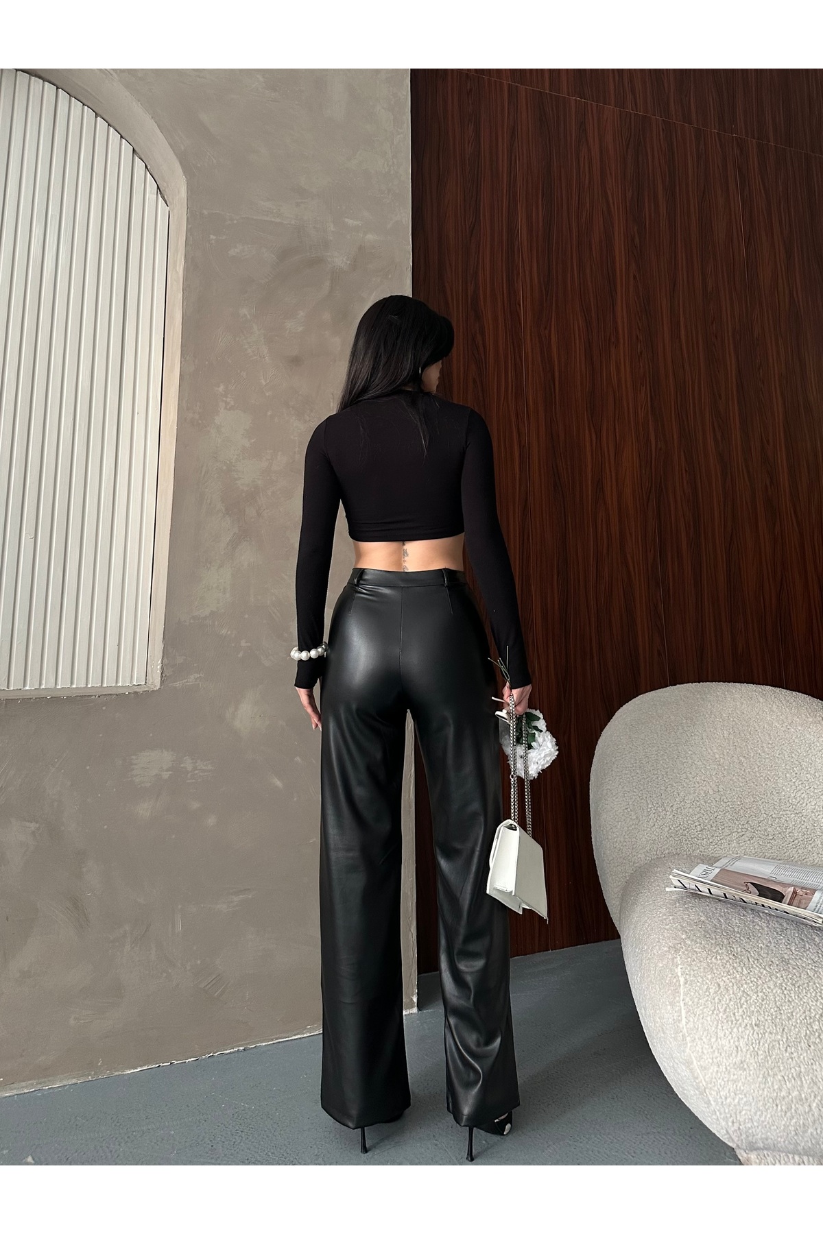 AREF JEANS Kadın Siyah Deri Pantolon Kadın Deri Pantolon Parlak Siyah Şık Pantolon görsel 7