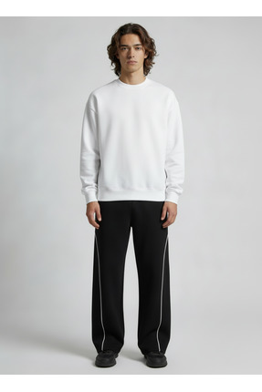 TKT Erkek Siyah Biyeli Baggy Eşofman Altı 2 İp Rahat Kalıp Geniş Paçalı