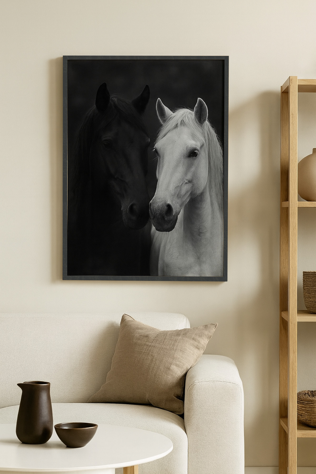 Framed UV Printing MDF Wood Black White Horse Decorative Wall Table – Wood Black White Optional