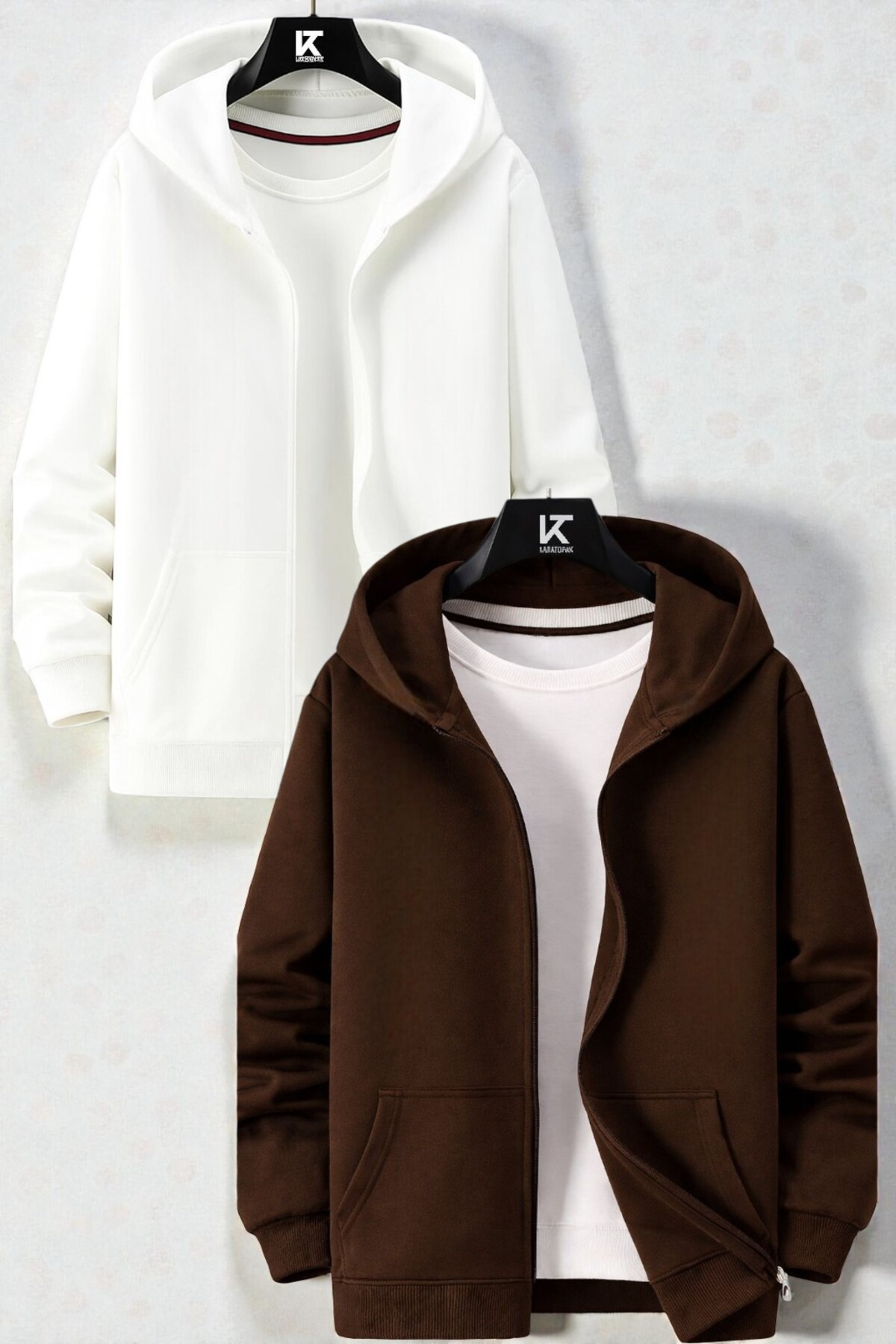 2'li Kapüşonlu Unisex Fermuarlı Sweatshirt / Hırka — سفید yenihrkafermuarlı