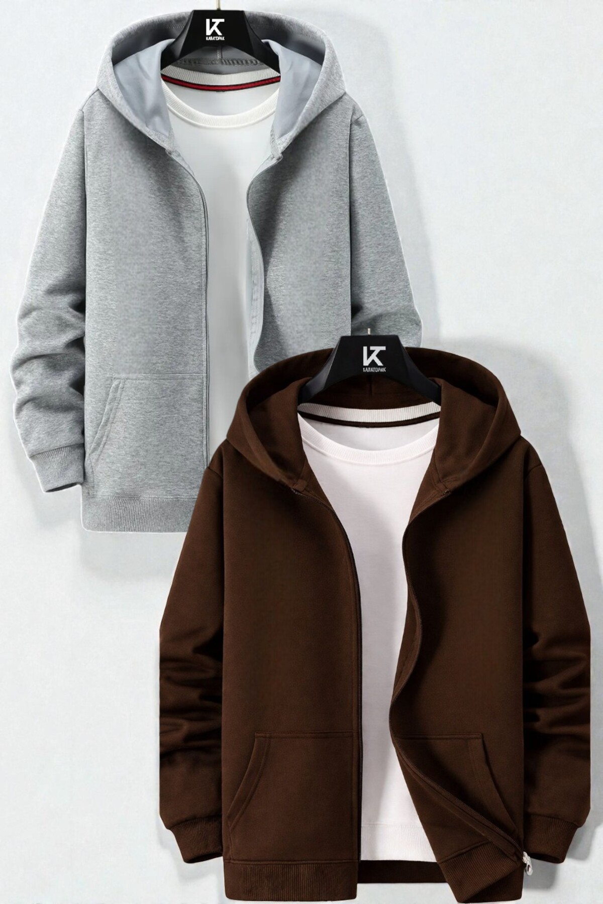 2'li Kapüşonlu Unisex Fermuarlı Sweatshirt / Hırka — خاکستری yenihrkafermuarlı