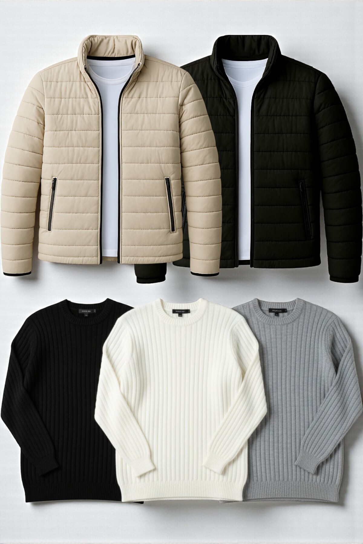 legends butik  5’li Erkek Kışlık Kombin Paketi – 2 Adet Şişme Mont + 3 Adet Fitilli Bisiklet Yaka Kalın Triko Kazak