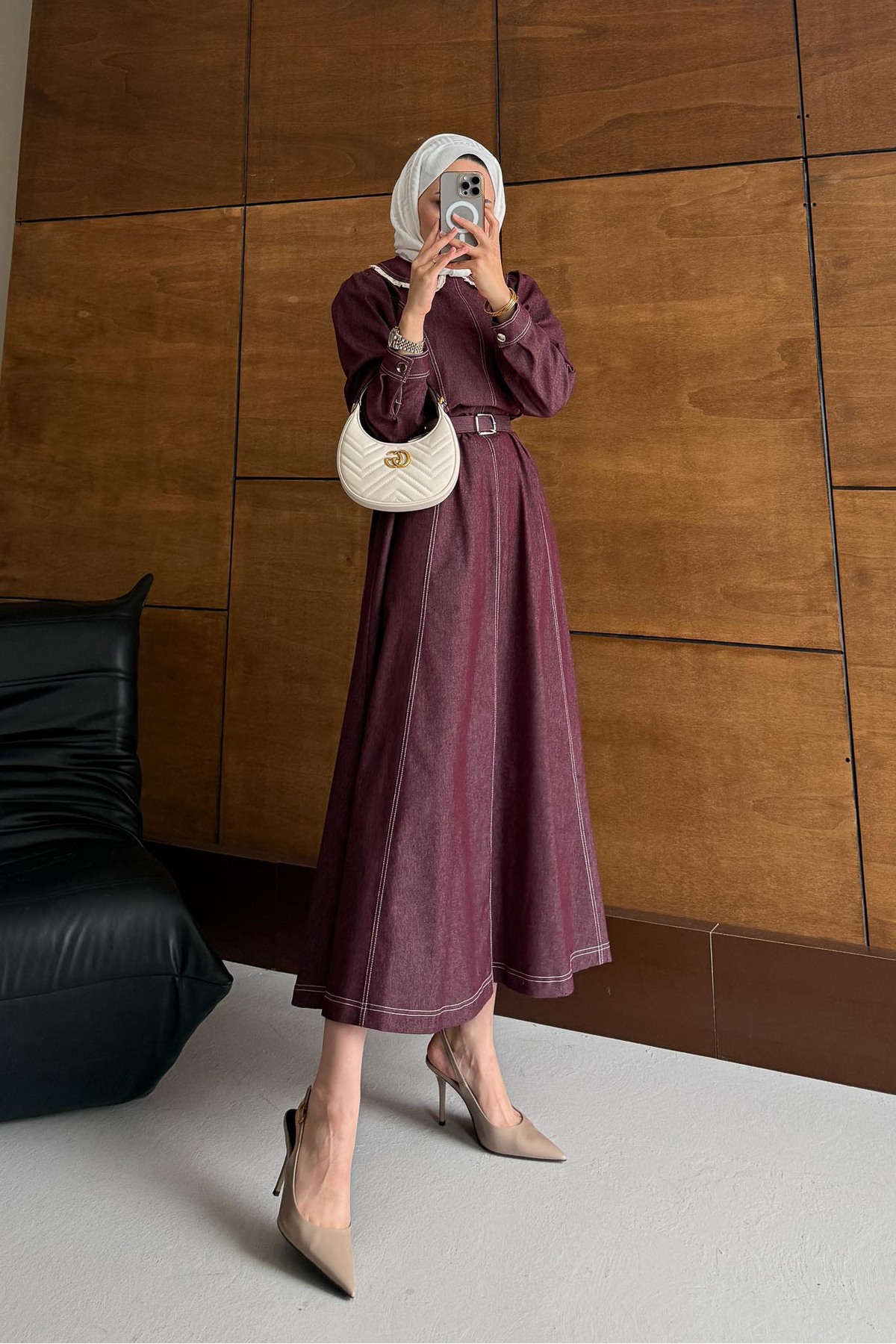 Rimel Moda Collared Denim Dress Fuchsia