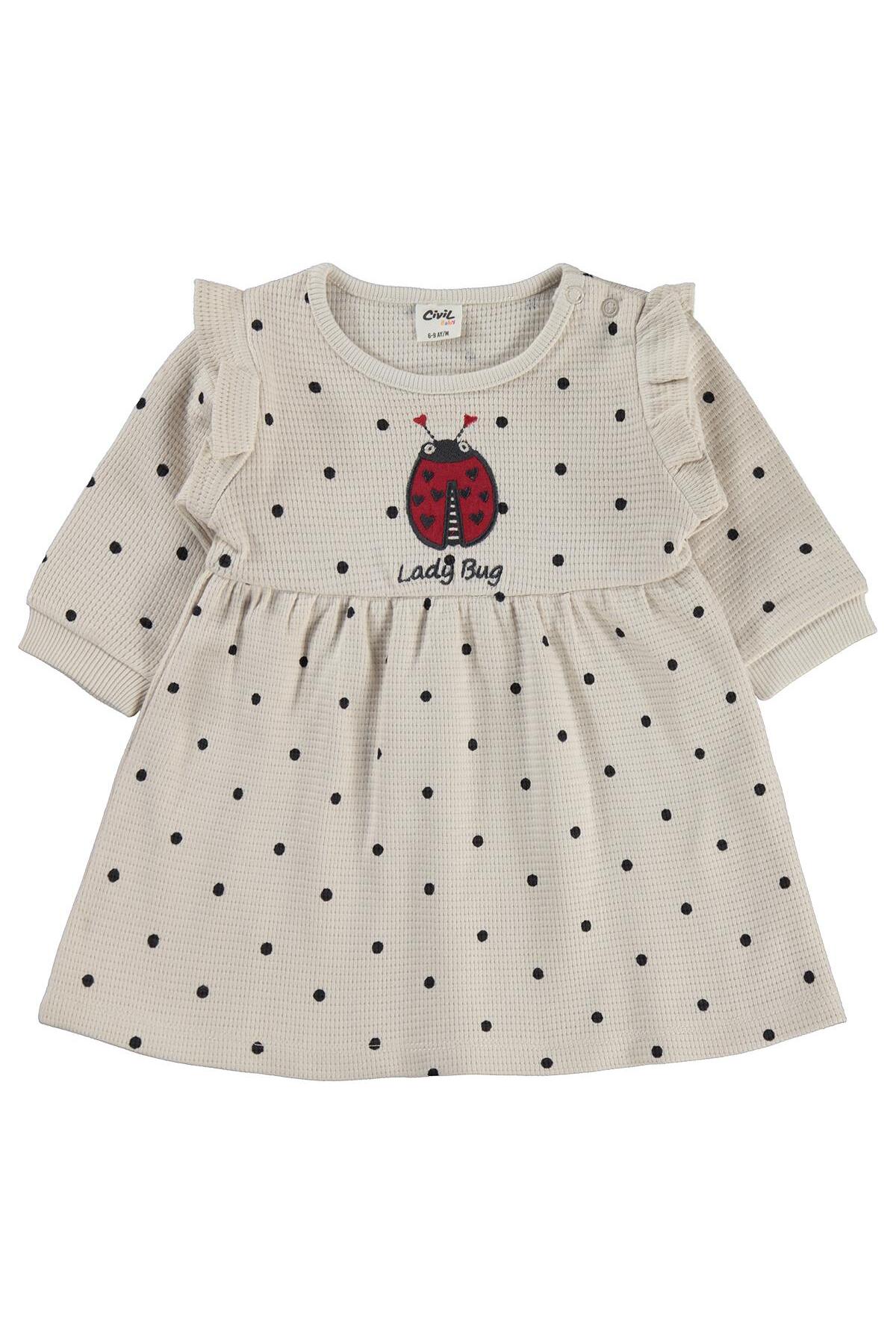 Civil Baby Uğur Böceği Nakışlı 6-18 Ay Elbise - Bej 18-24 Ay