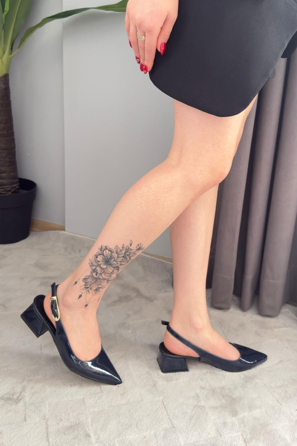 Preshley  Kadın Sole Lacivert Rugan Kısa Topuklu Arkası Acık Ayakkabı - Görsel 3