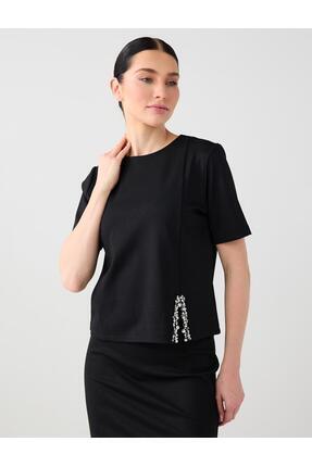 Jimmy Key Siyah İnci ve Taş İşlemeli Yuvarlak Yaka Örme Bluz