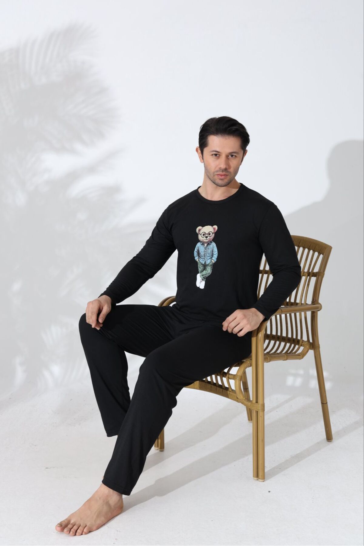 Huq Moda Regular Erkek Ayıcık Desenli Siyah Pijama Takımı Uzun Kollu Rahat Kesim %100 Pamuklu görsel 2
