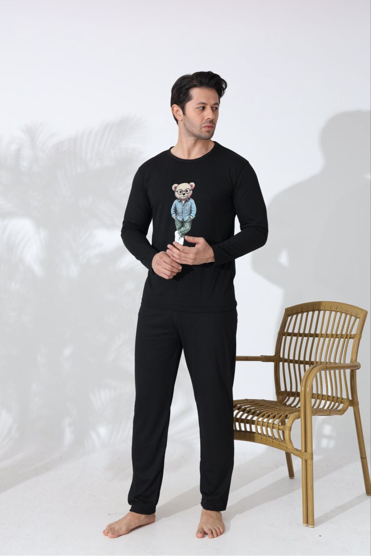 Huq Moda Regular Erkek Ayıcık Desenli Siyah Pijama Takımı Uzun Kollu Rahat Kesim %100 Pamuklu