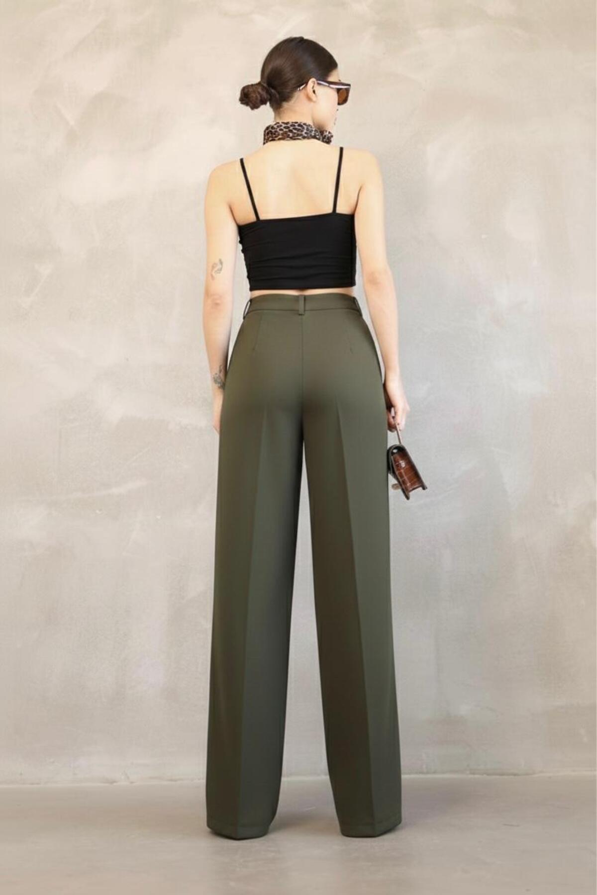 HA-KA GİYİM  Kadın İthal DoubleFace Kumaş Palazzo Kalıp Yüksek Bel Çekme Solma Yapmaz Kaliteli Ürün Likralı - Görsel 4