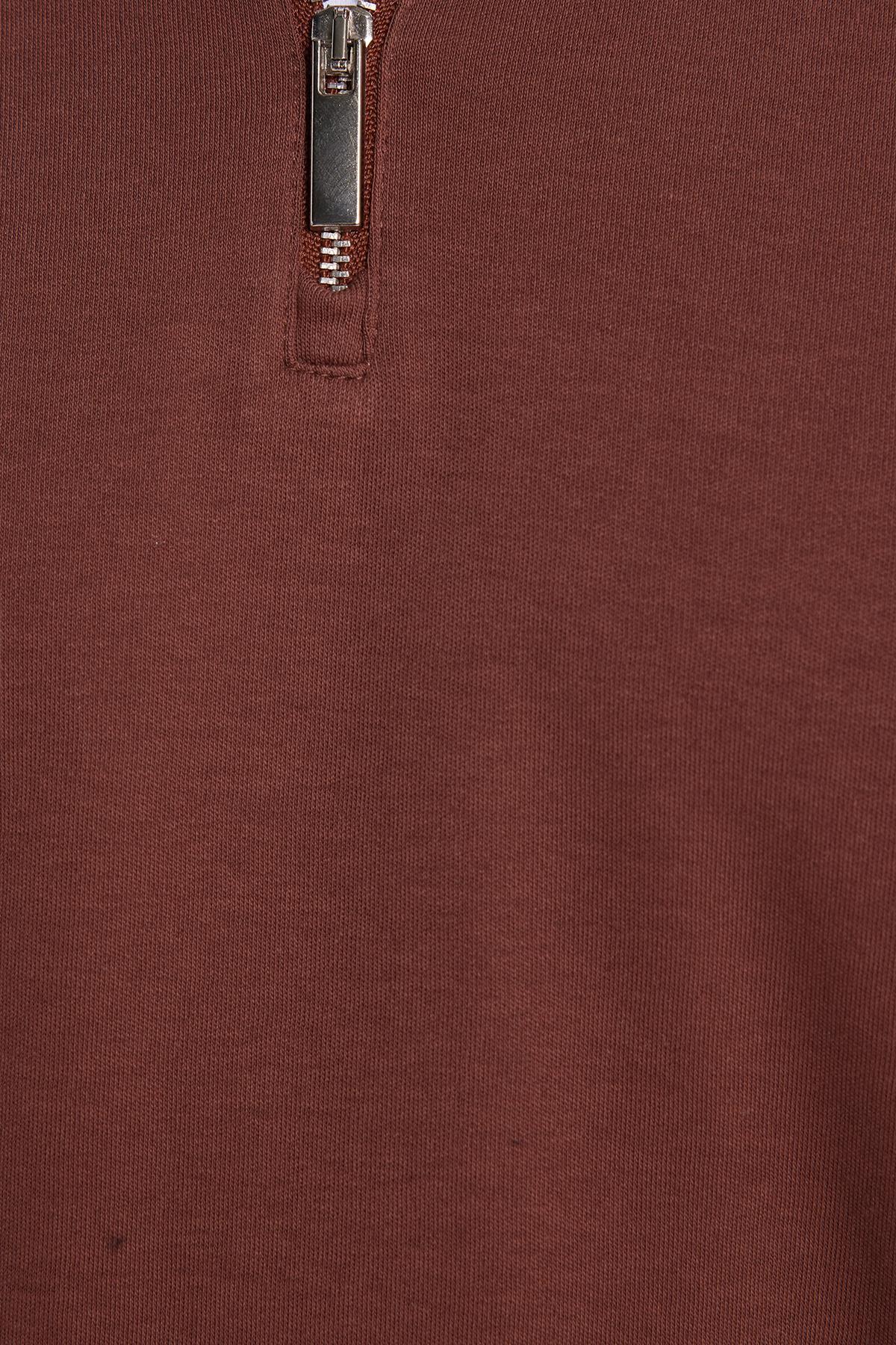 Tudors  Erkek Relax Fit Rahat Kesim %100 Pamuk Yarım Fermuarlı Polo Yaka Uzun Kollu Kahverengi Tişört - Görsel 8