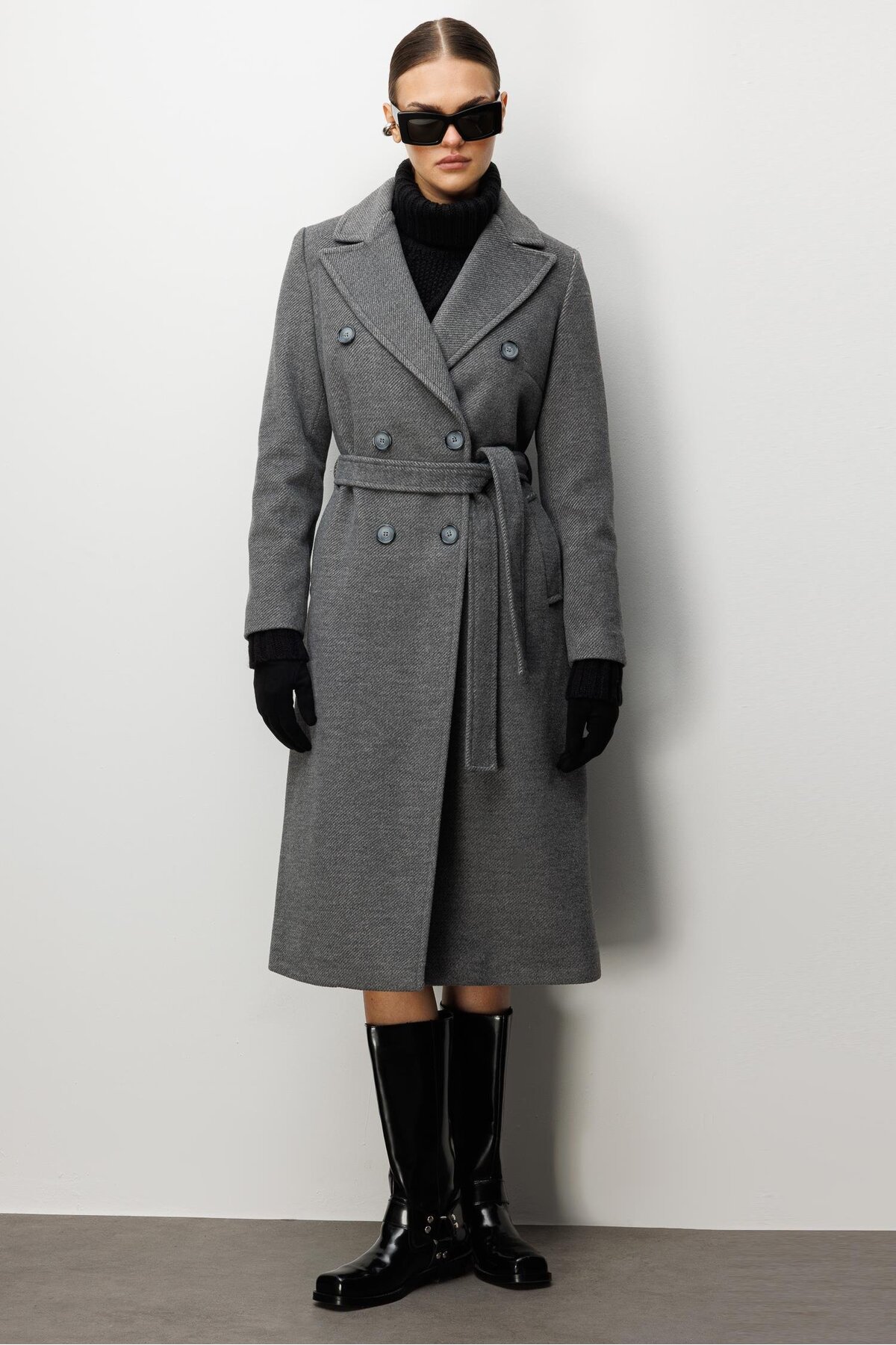 Moda İlgi  Modailgi Kuşaklı Diyagonal Çizgili Kruvaze Kaban Gri