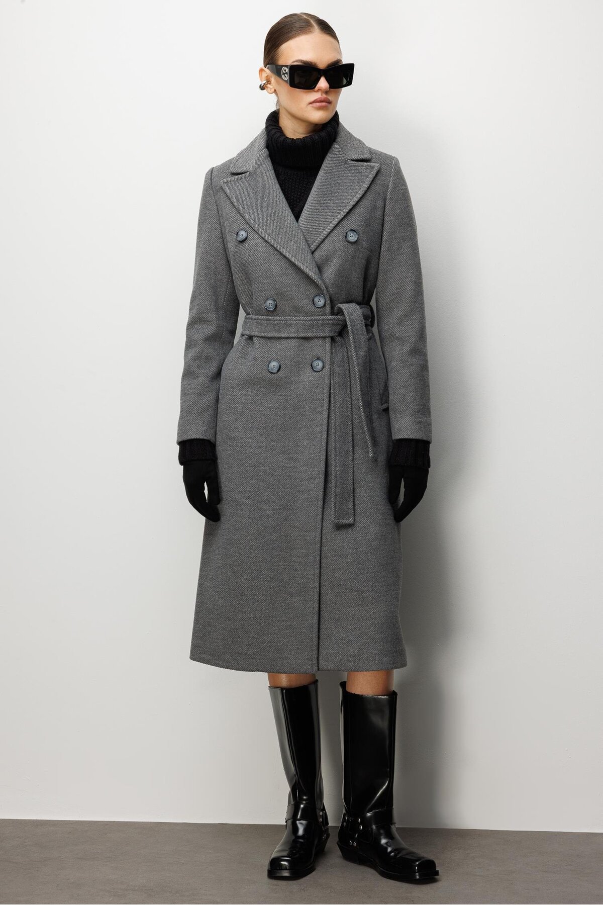 Moda İlgi  Modailgi Kuşaklı Diyagonal Çizgili Kruvaze Kaban Gri - Görsel 3