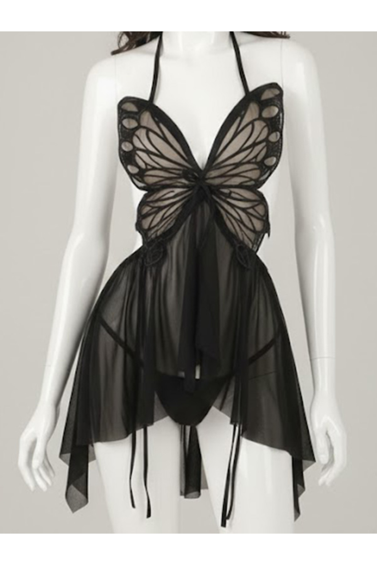 jesica bella Siyah Kelebek Nakışlı Fantazi Gecelik - Şifon Karışımlı Sırt Dekolteli Babydoll Takımı - LB-194