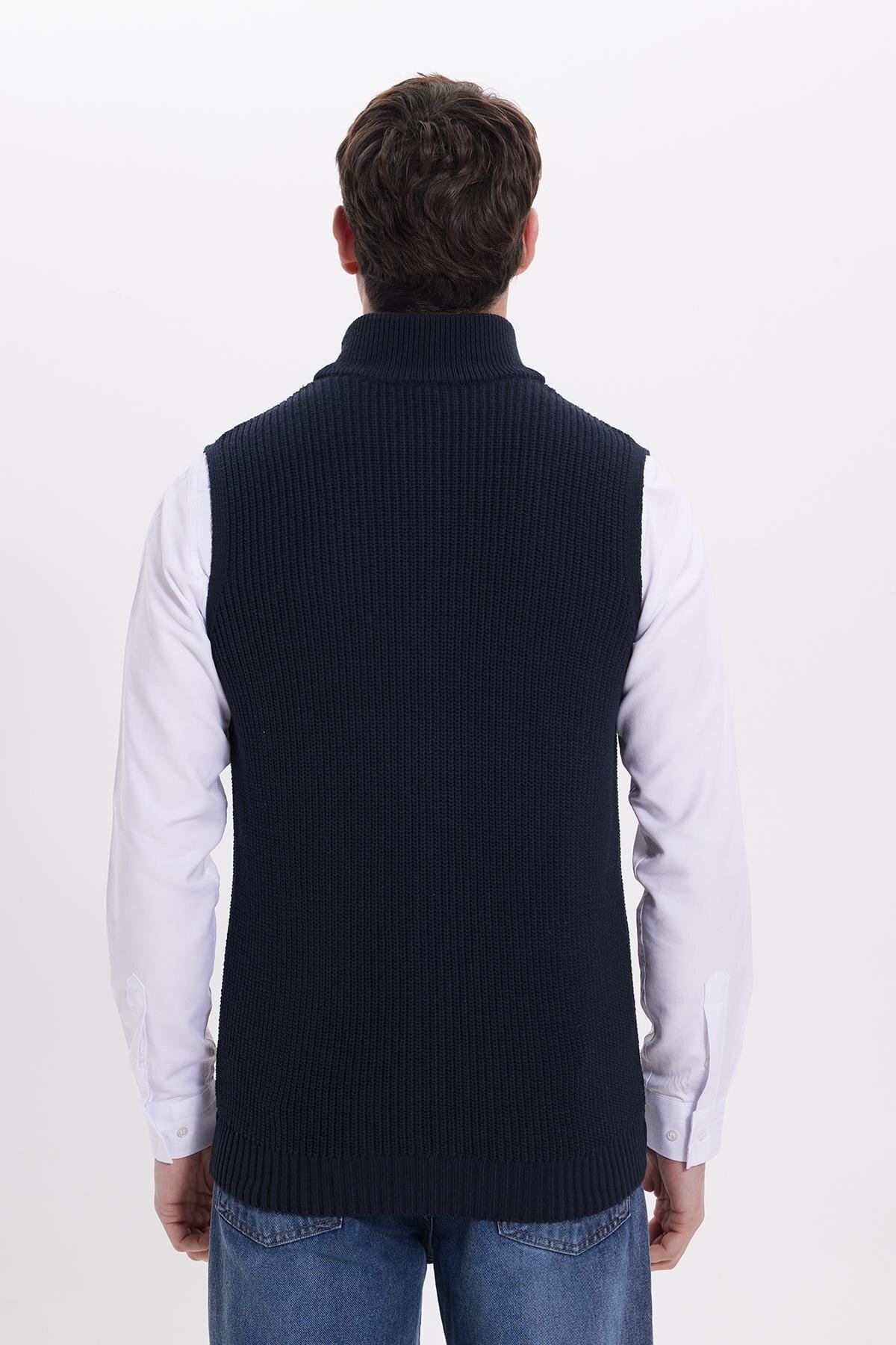 Tudors  Erkek Standart Fit Normal Kesim Fermuarlı Dik Yaka Sıcak Tutan Lacivert Triko Yelek - Görsel 8