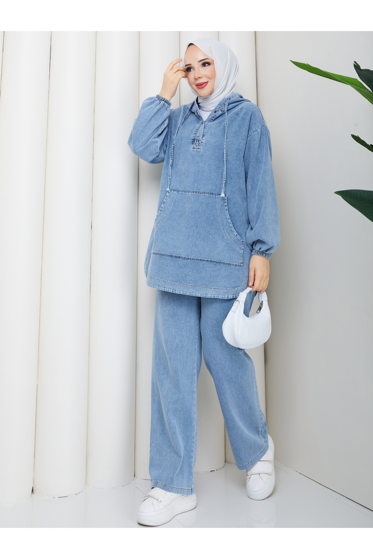 Pamuk Butik  Kadın Pantolonlu İkili Kanguru Cepli Salaş Kot Takım