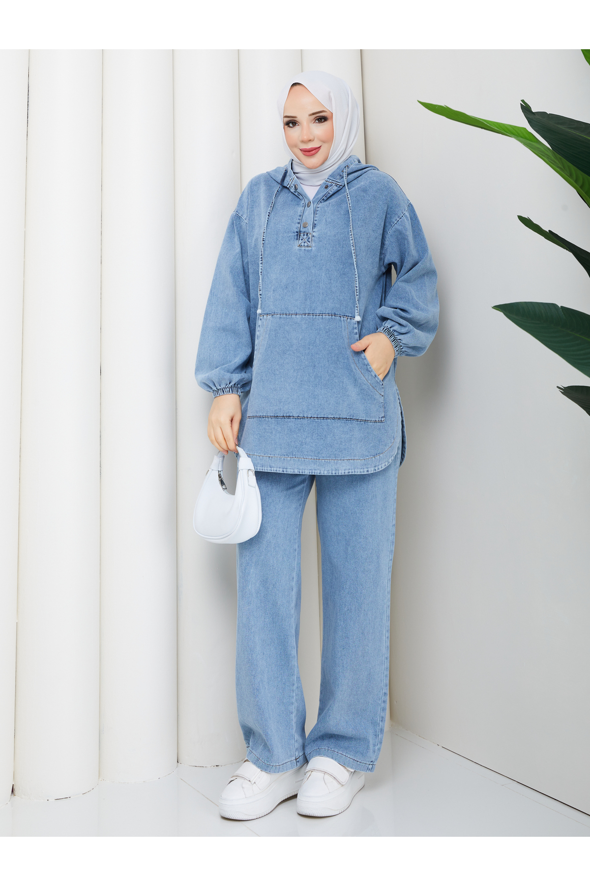 Pamuk Butik  Kadın Pantolonlu İkili Kanguru Cepli Salaş Kot Takım - Görsel 3