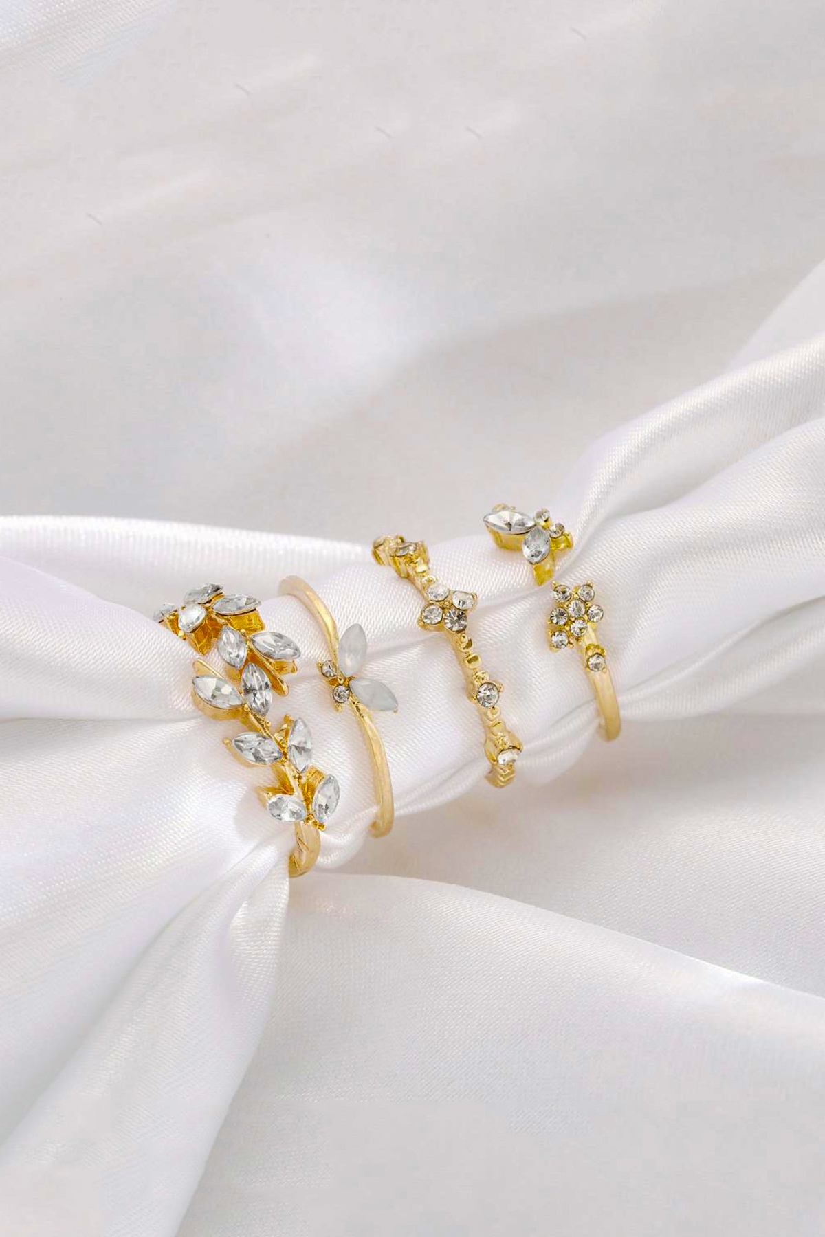 The Collection  4'lü Kombin Kelebek Çiçek Detaylı Eklem Gold Taşlı Yüzük Set - Görsel 2