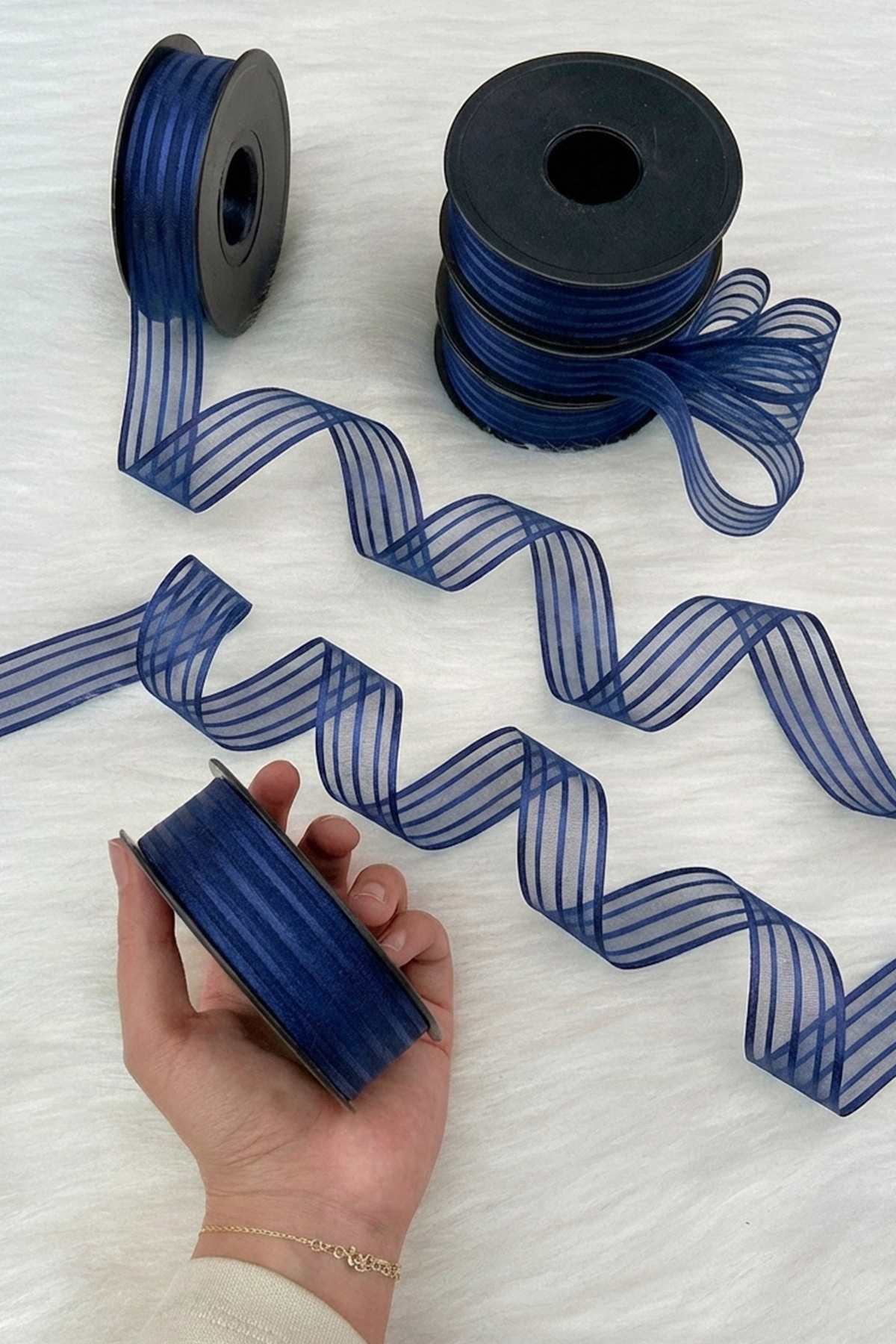 Navy Blue Hilton Striped Chiffon Ribbon 2.5 cm 20 mt, Bride, Bundle, Engagement, Dowry, Gift Wedding Decoration